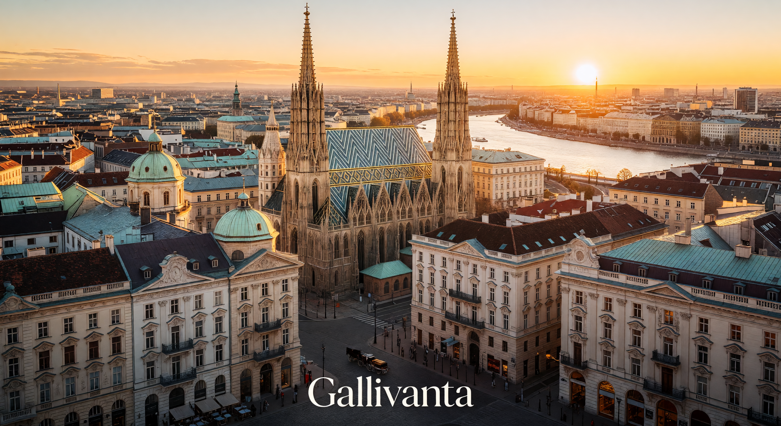 Vienna skyline at golden hour with cathedral spires and elegant historic architecture