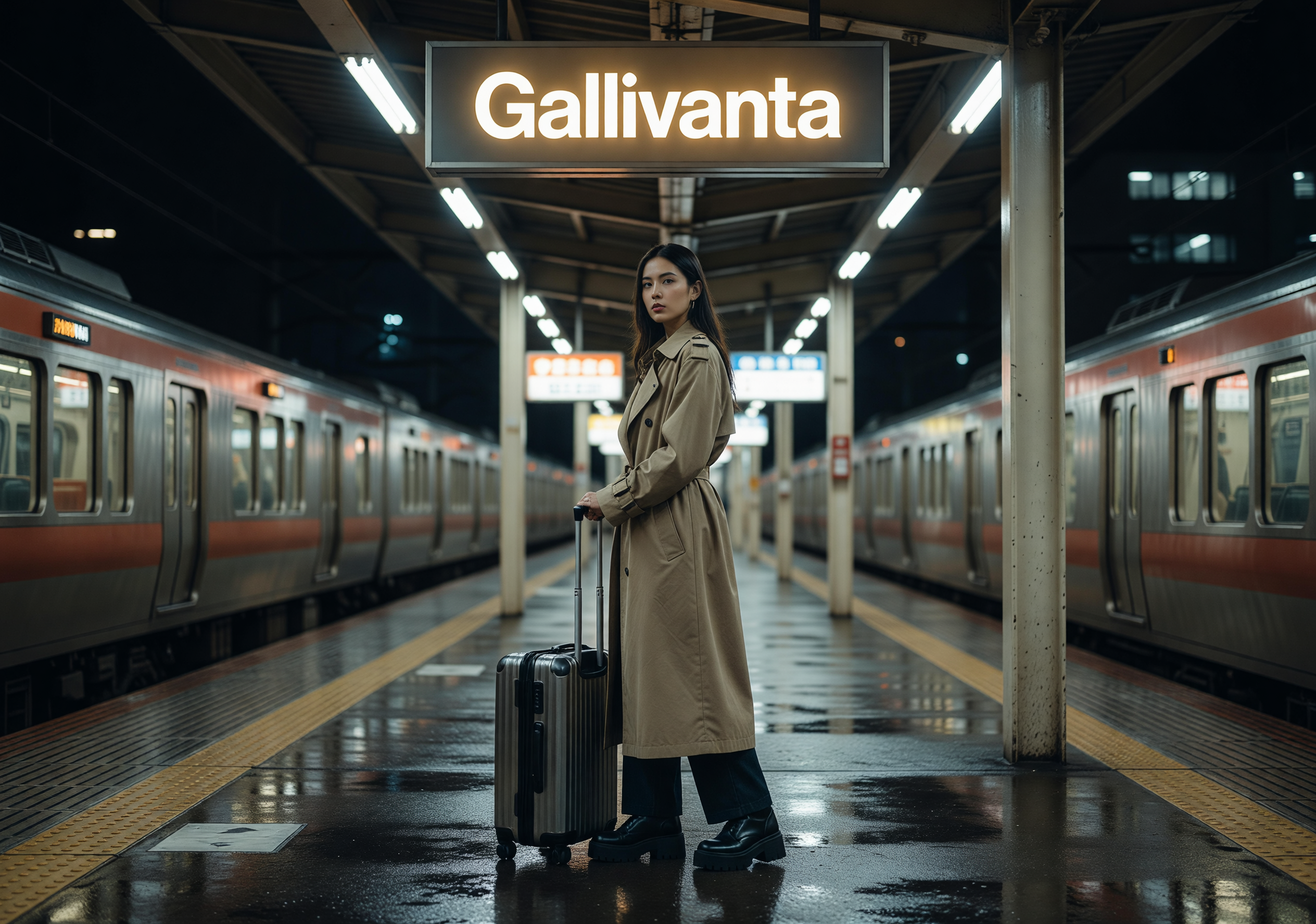 Solo female traveler standing confidently on a train platform at night with luggage