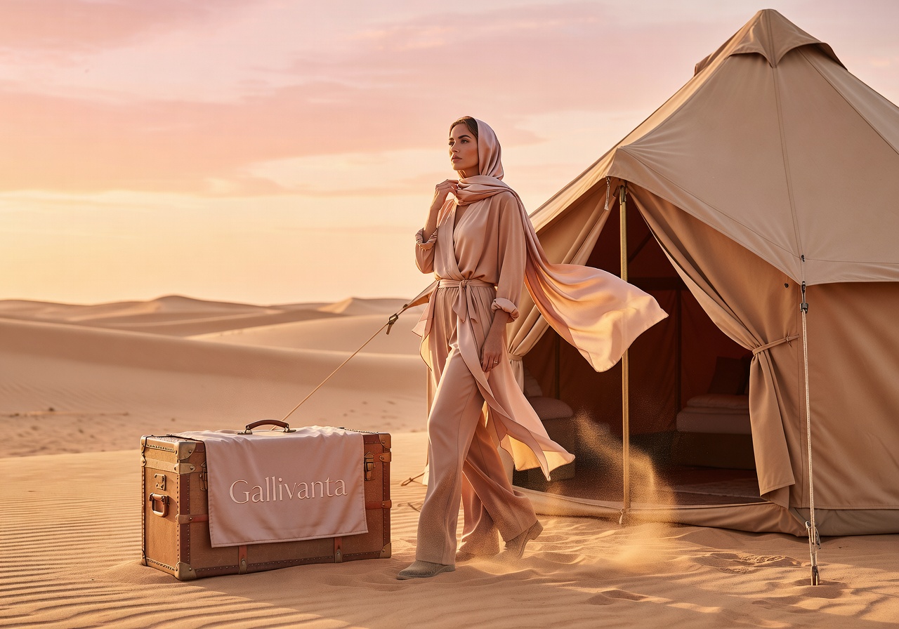 Solo female traveler at a desert glamping tent during sunset, elegant and self-possessed