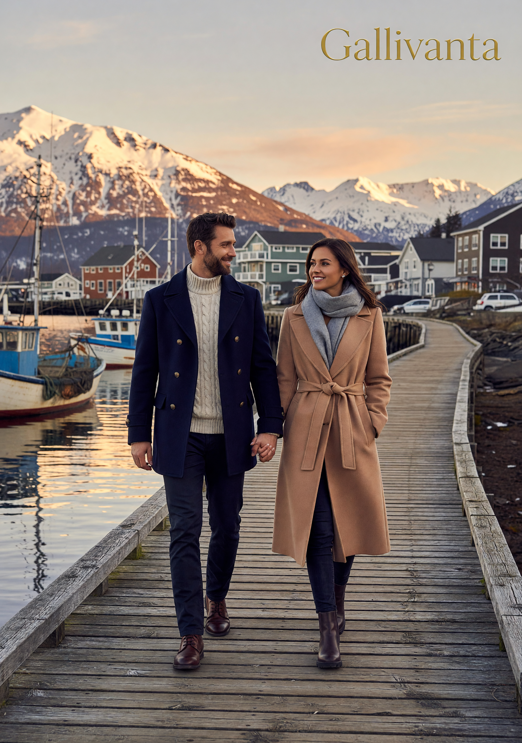 Harborfront Alaska date walk with coastal mountains in view