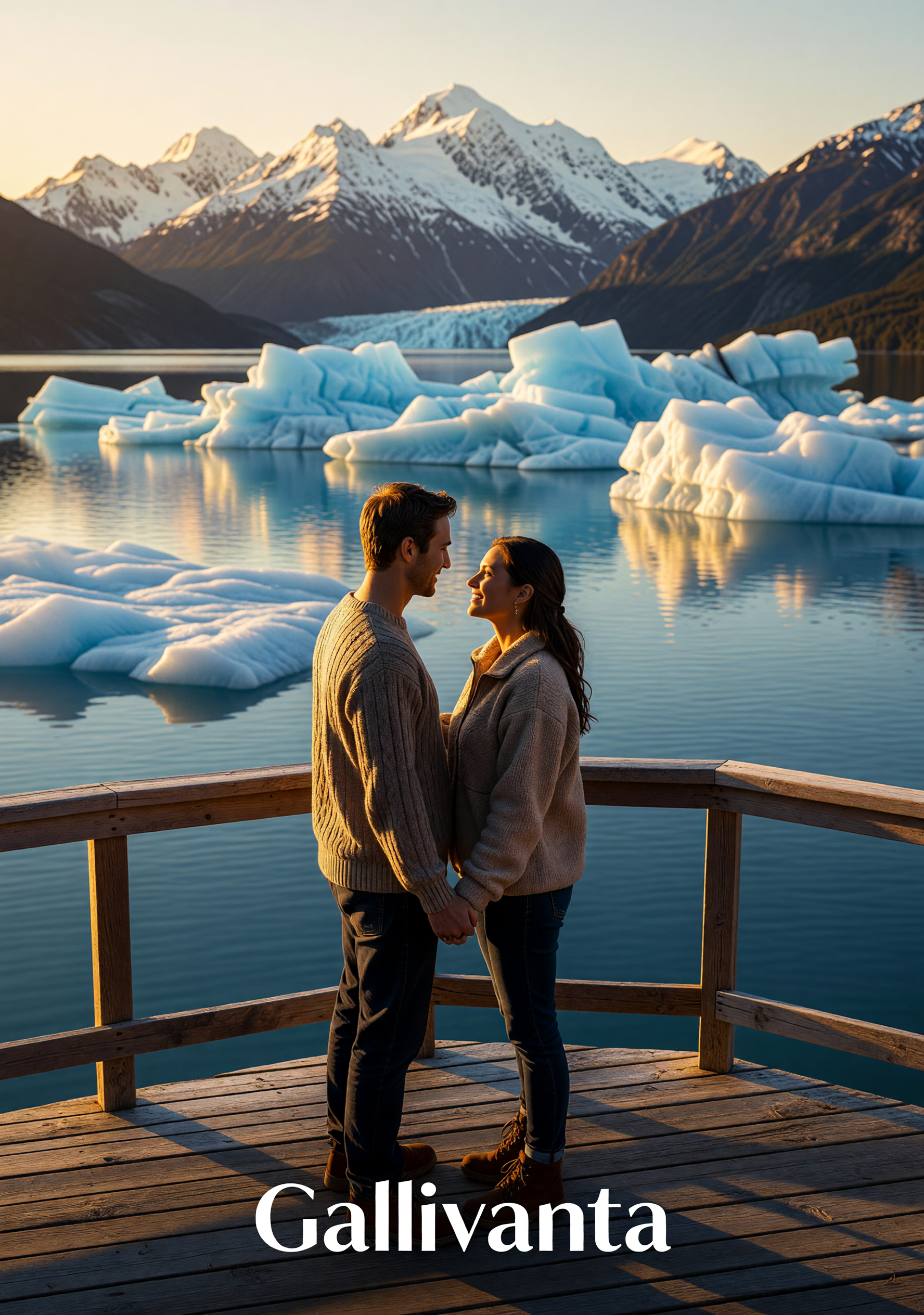 Alaska Date Spots. Couple-style Alaska glacier lake scene with crisp blue water and alpine drama