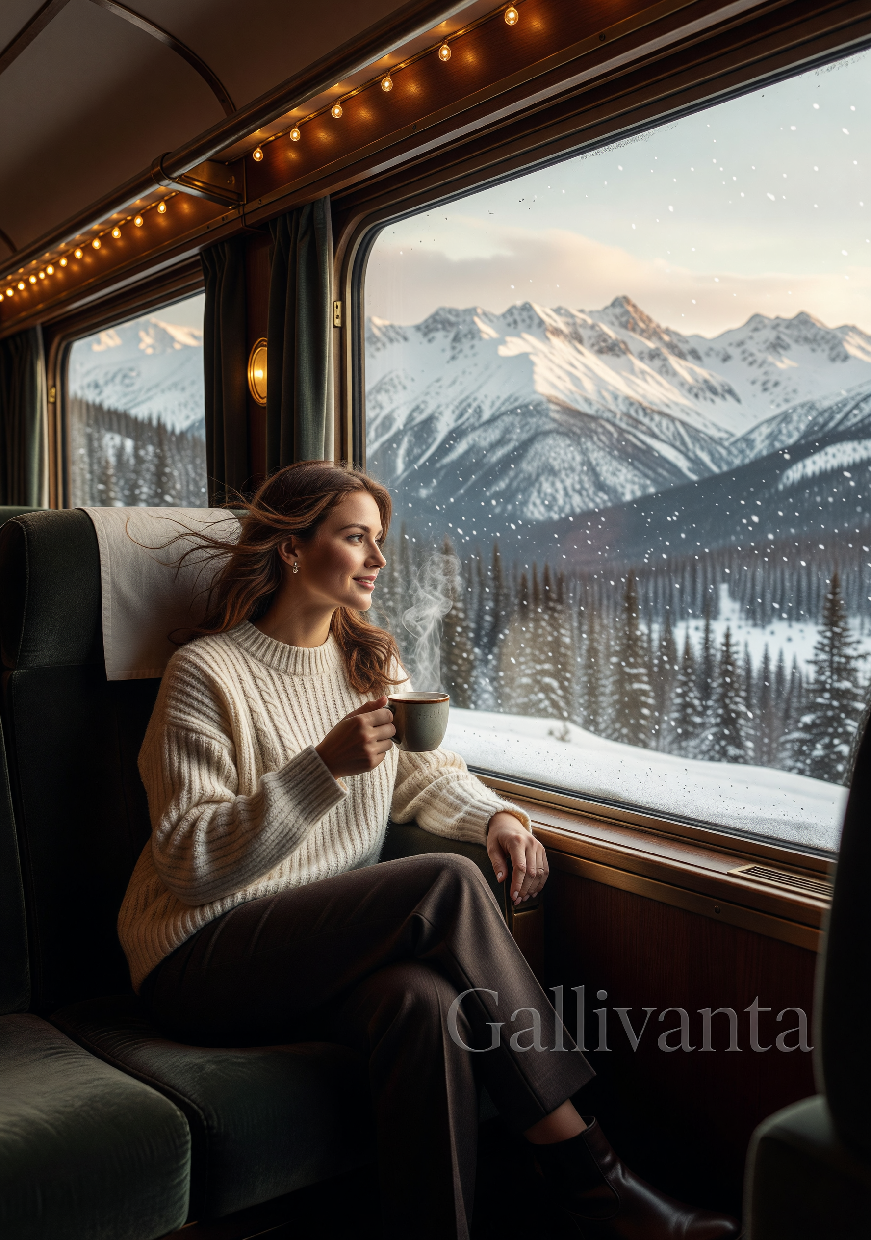 Romantic Alaska Railroad scene with panoramic windows and mountain views