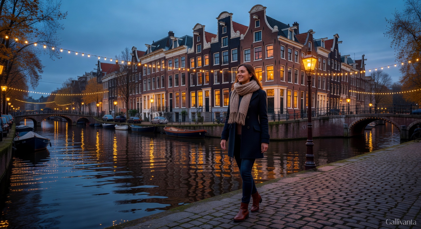 Romantic canal scene in Amsterdam at golden hour