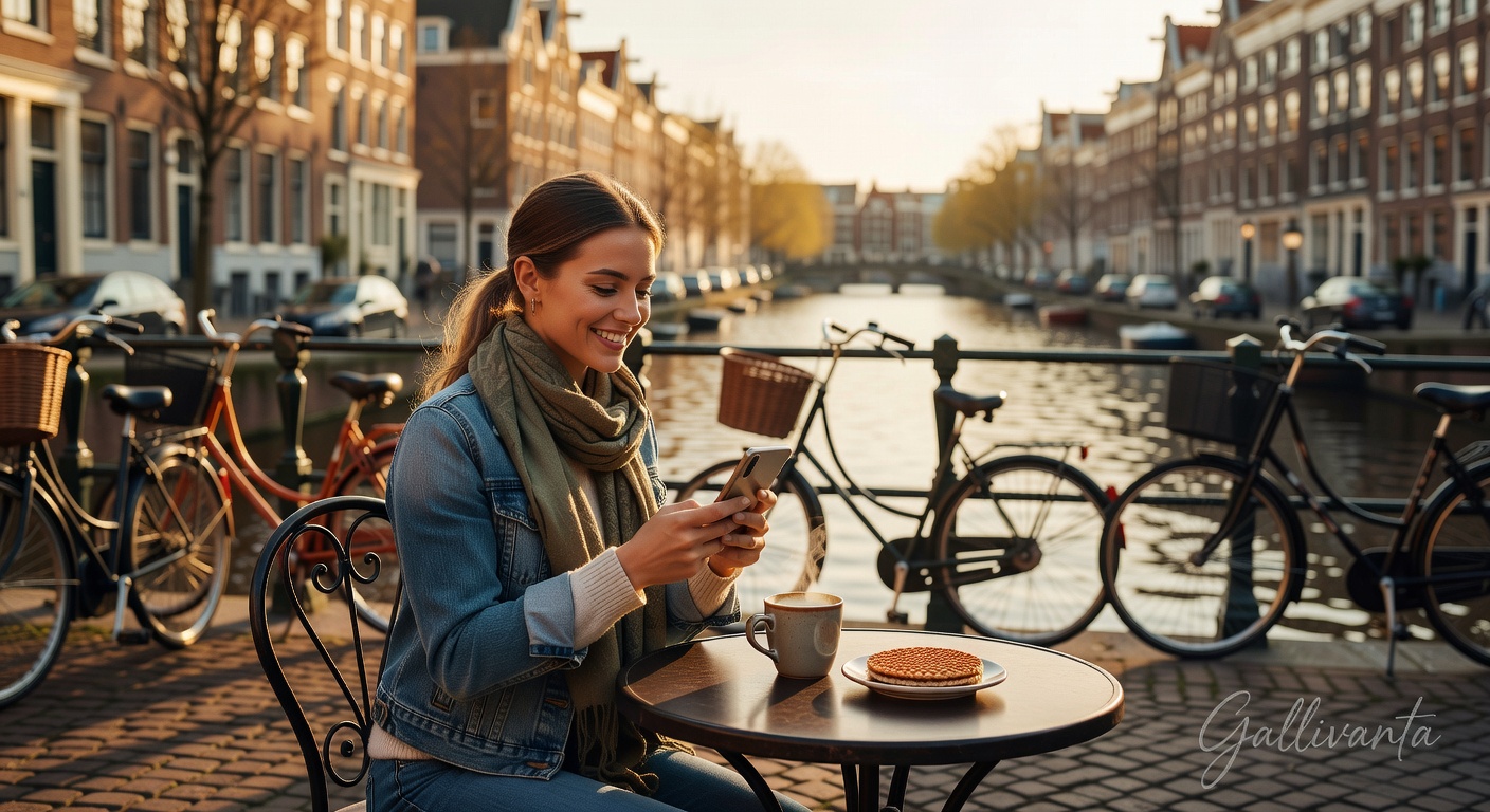 Solo traveler using dating apps in Amsterdam with canal view