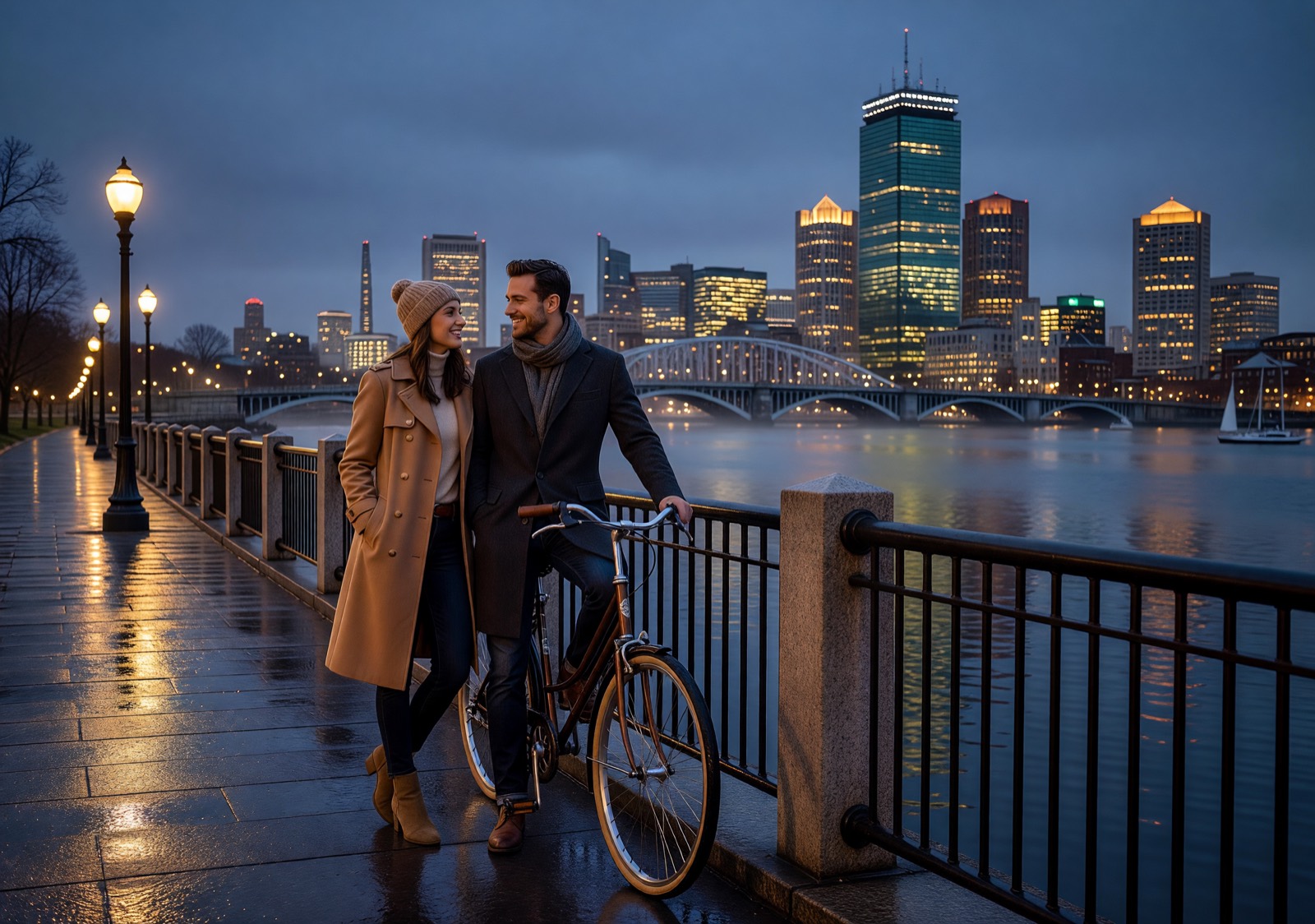 Charles River Esplanade evening date walk with Boston skyline glow