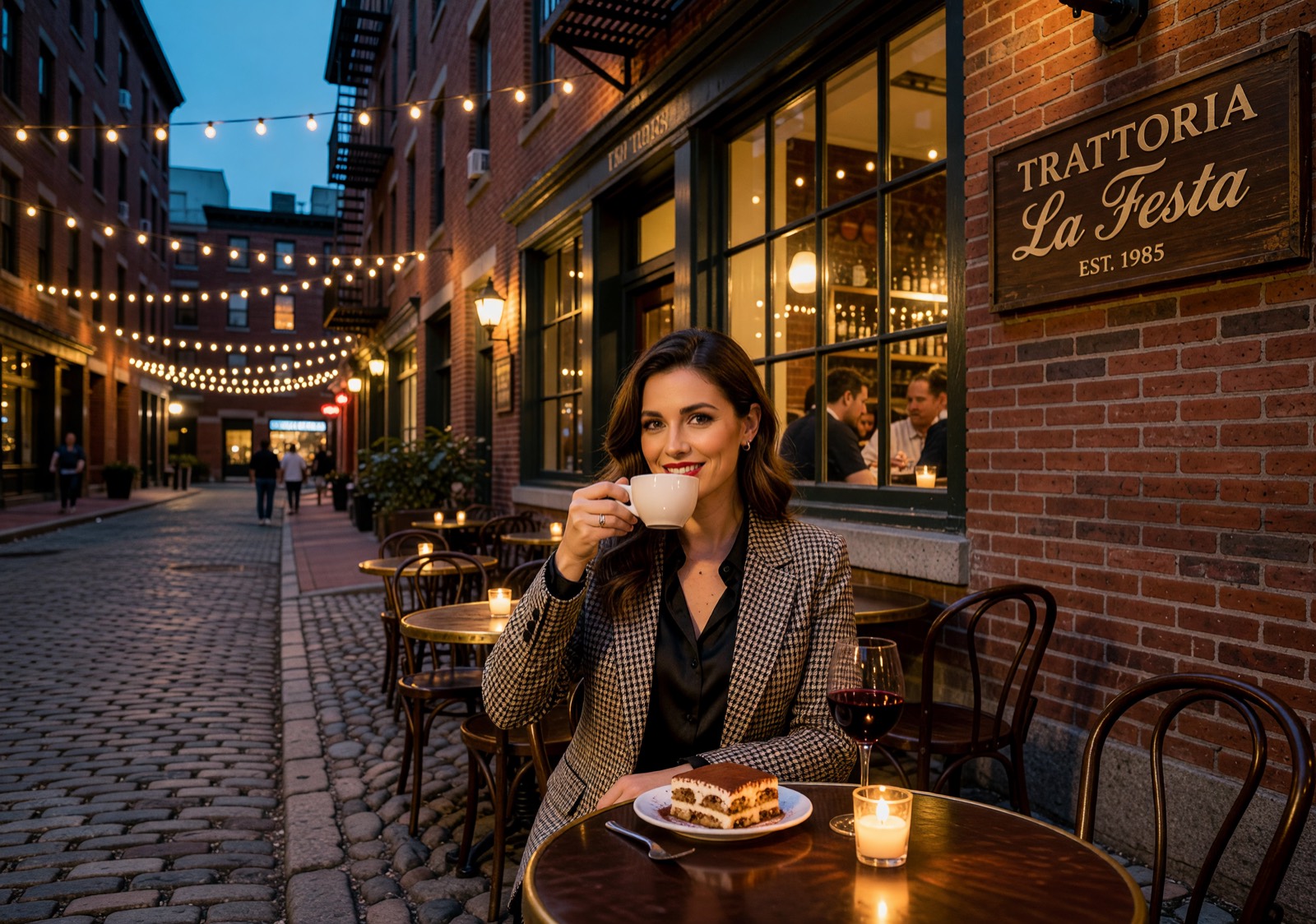 North End Boston evening date scene with warm restaurant light