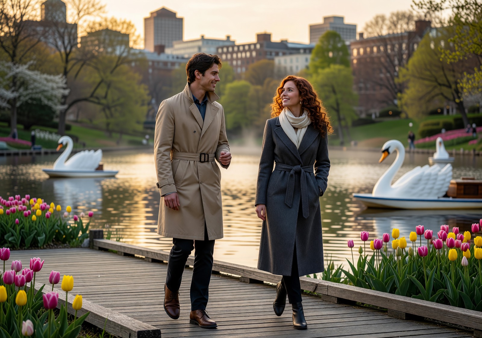 Boston Public Garden date scene with Swan Boats and soft afternoon light