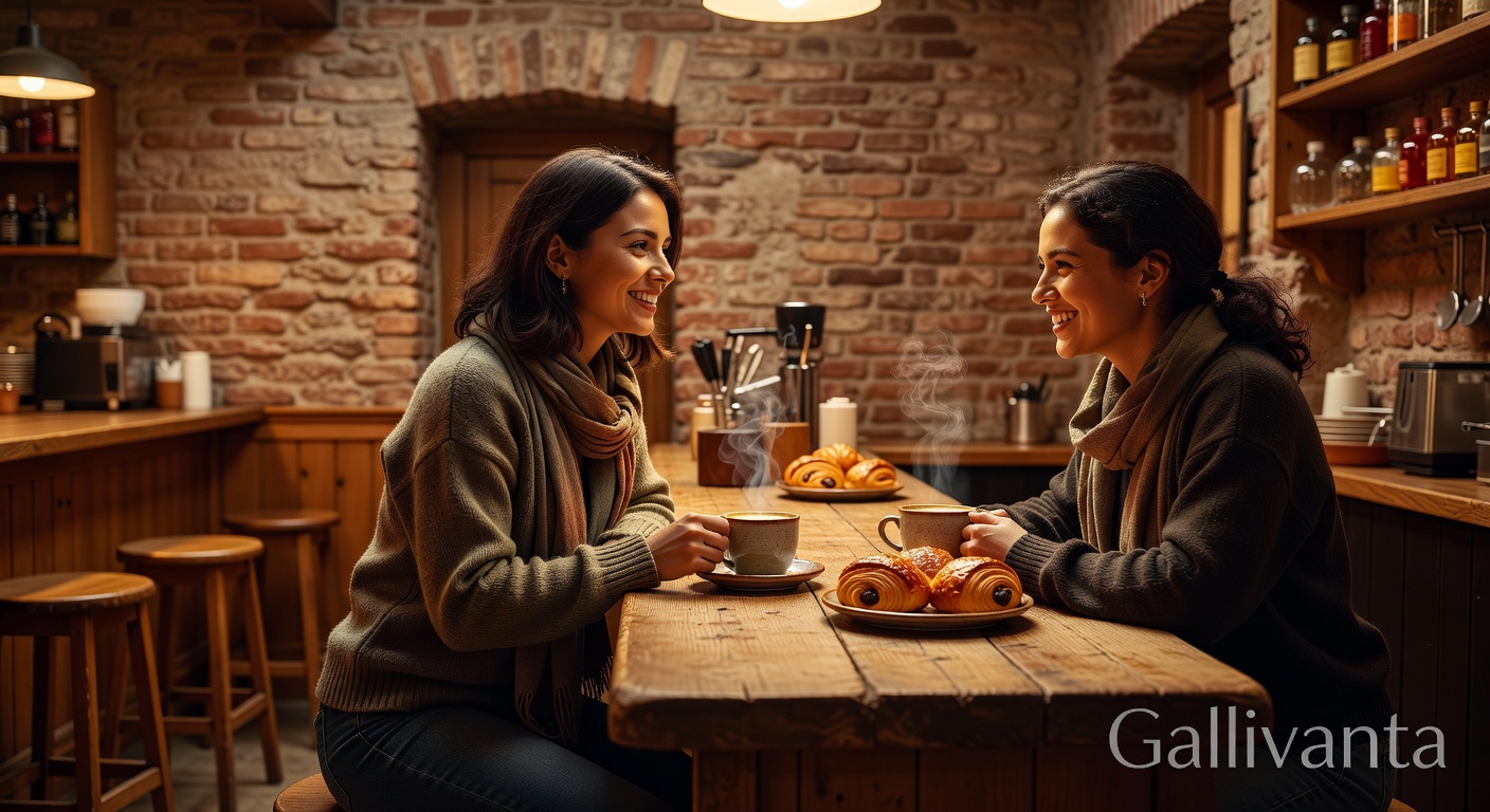 Travelers having a conversation at a cozy café counter