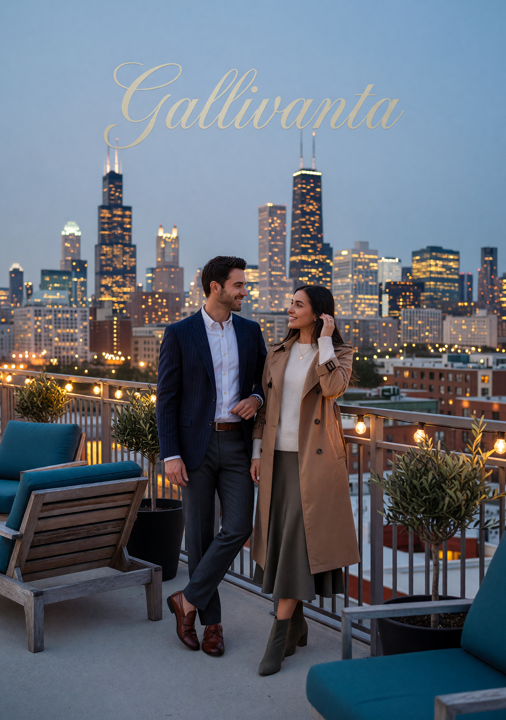 Chicago rooftop romance scene at blue hour with skyline glow