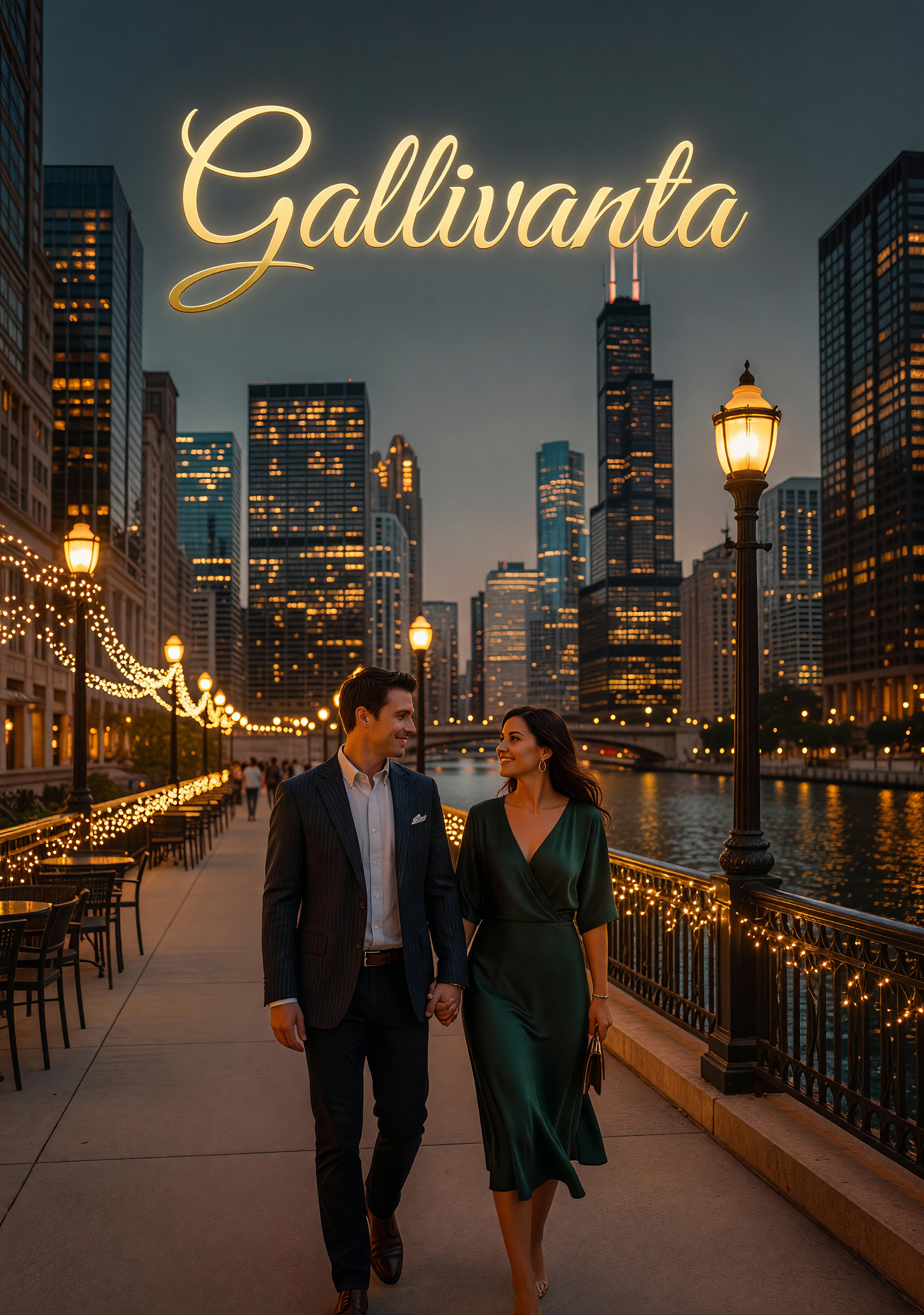 Chicago riverwalk evening date scene with warm city lights