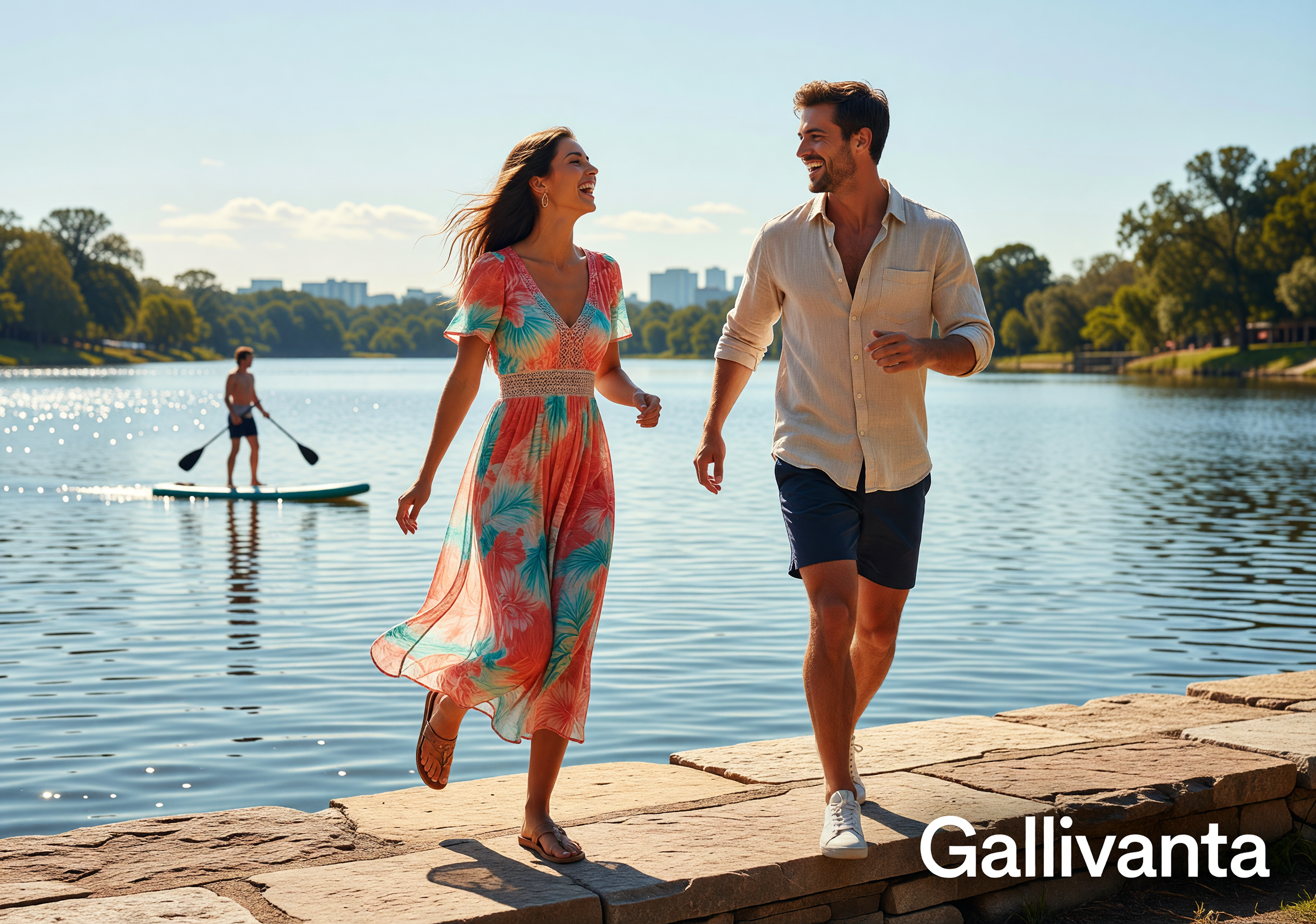 Playful Austin waterside date scene near Lady Bird Lake and Barton Springs