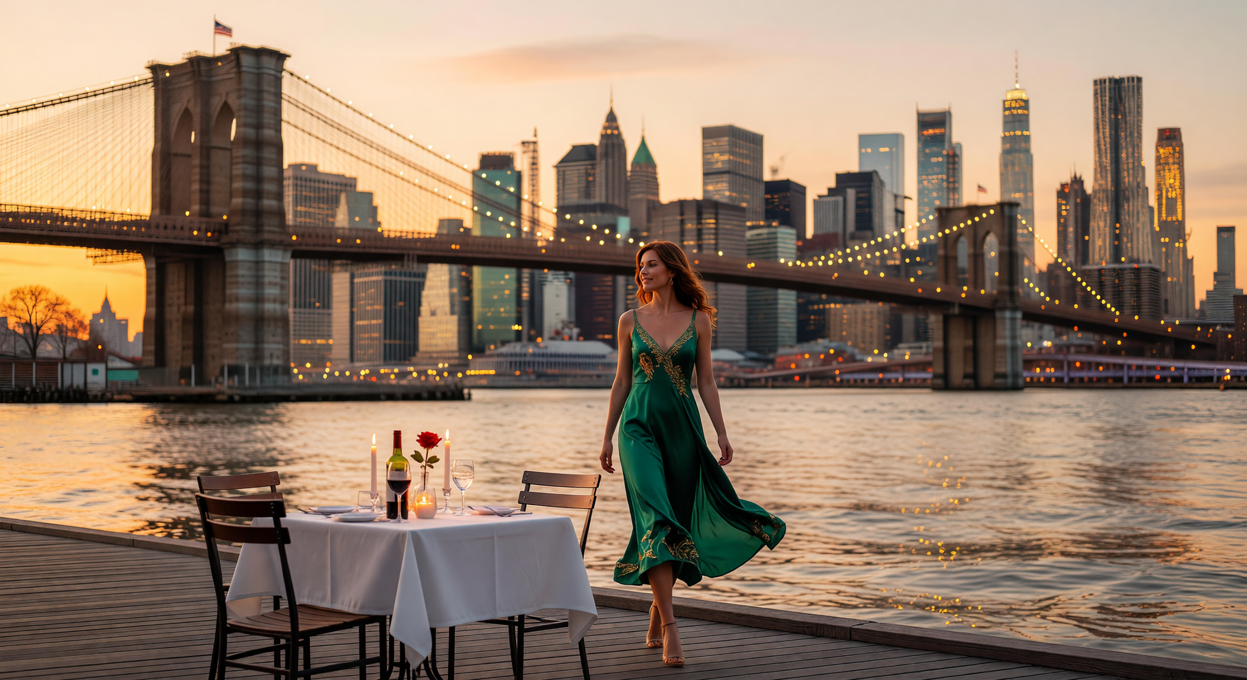 Golden-hour view of Brooklyn Bridge Park with Manhattan skyline and a stylish solo traveler approaching a romantic waterfront setup.