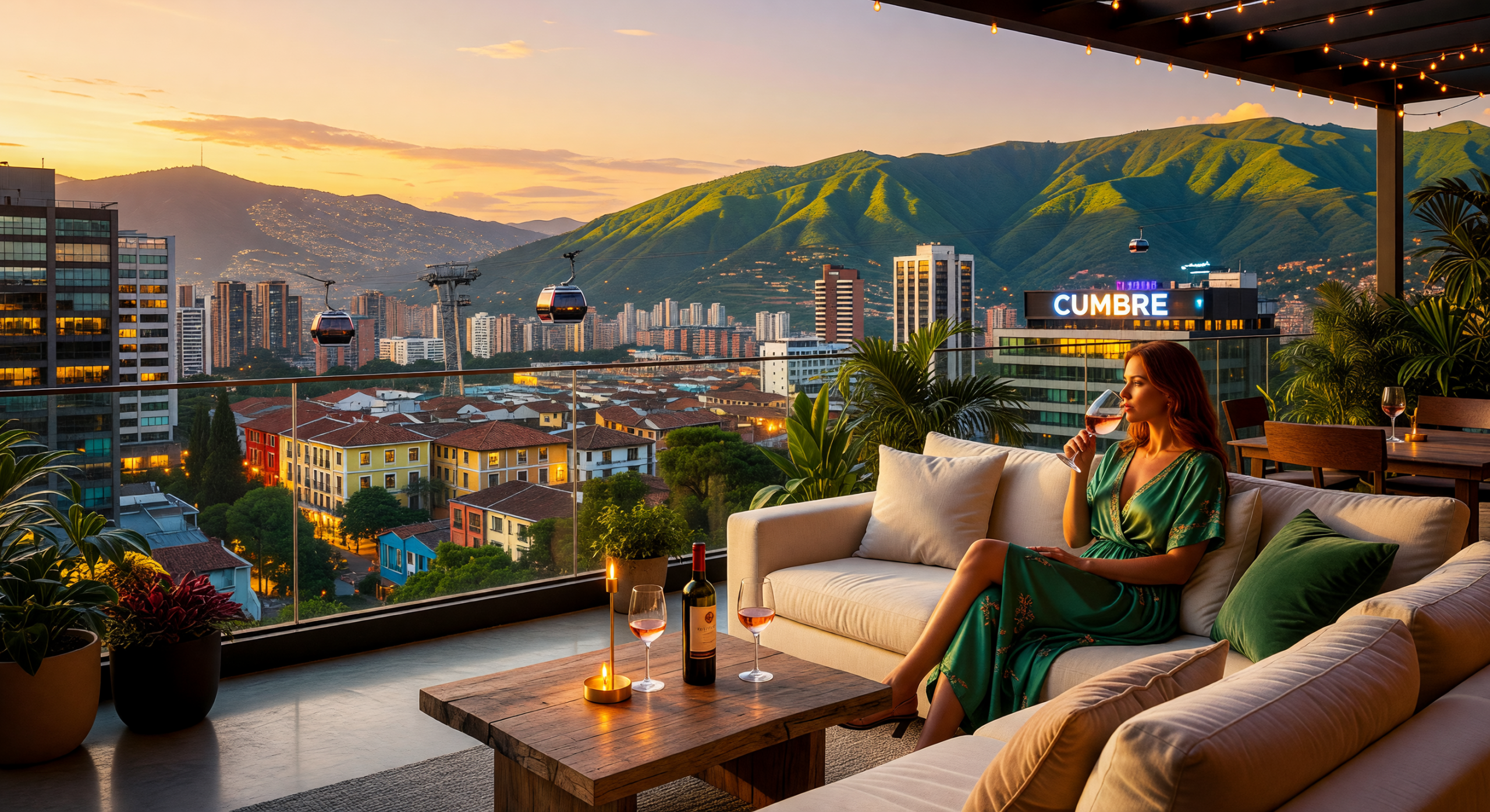 Romantic date spots in Medellín. Golden-hour rooftop view over Medellín with a romantic upscale date-night atmosphere in El Poblado.