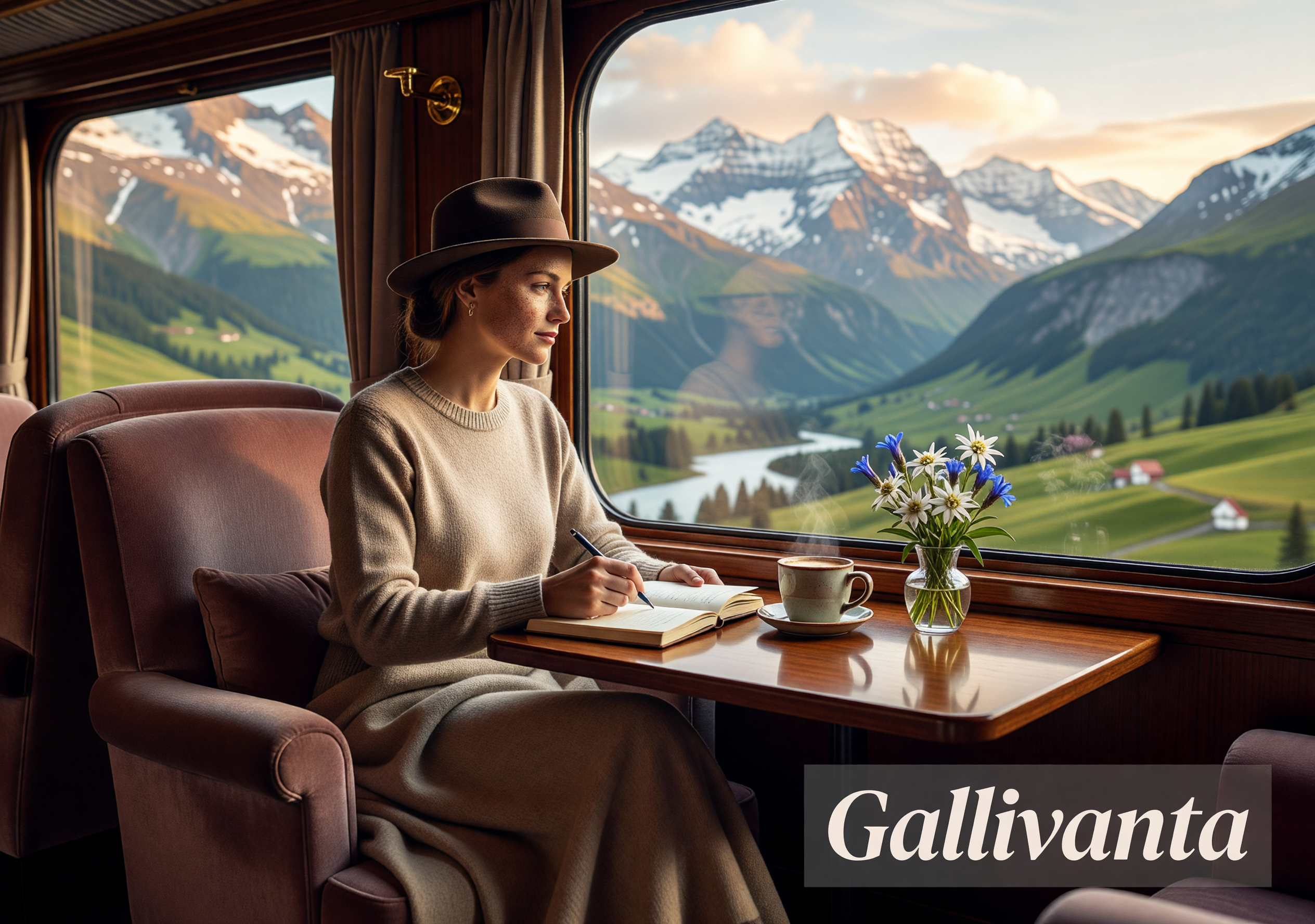 How to travel solo romantically on a scenic train ride with journal and coffee