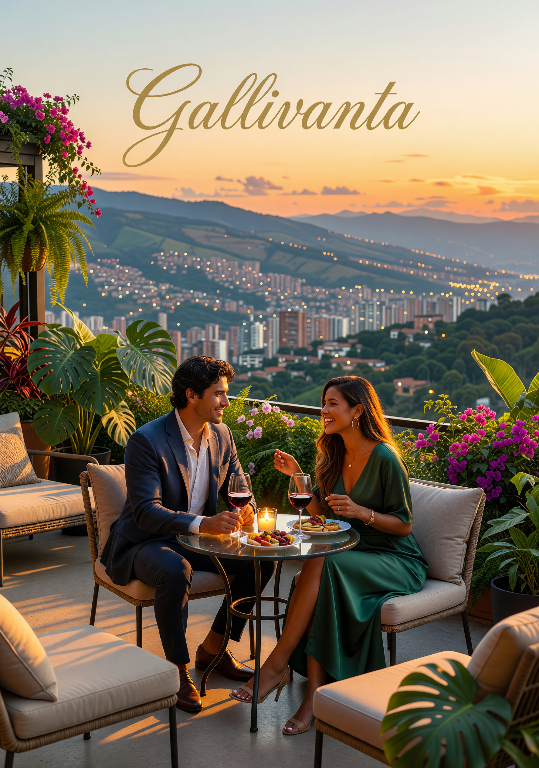 Romantic date spots in Medellín. Medellin rooftop golden-hour date scene in El Poblado