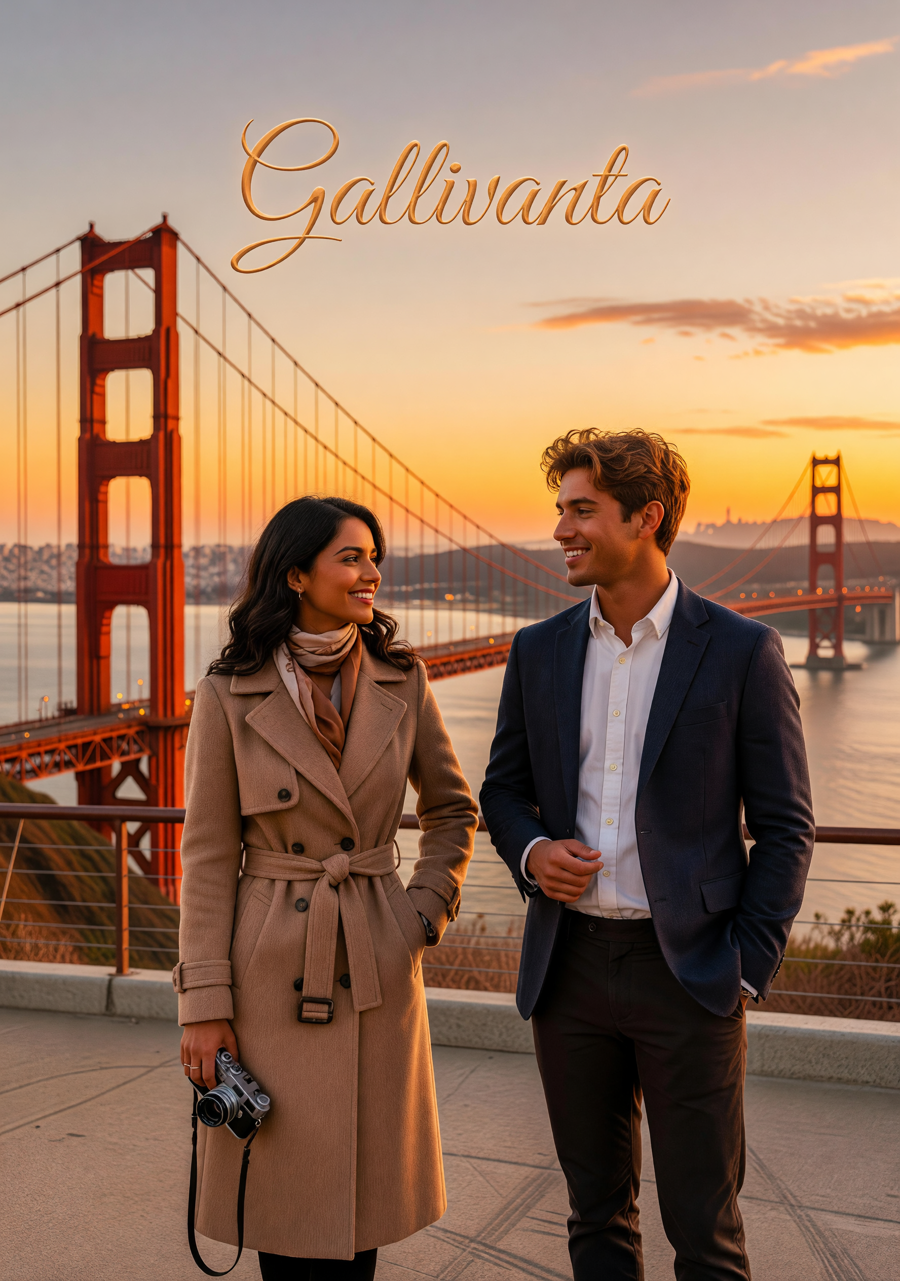 Golden Gate overlook date scene at sunset with stylish San Francisco energy