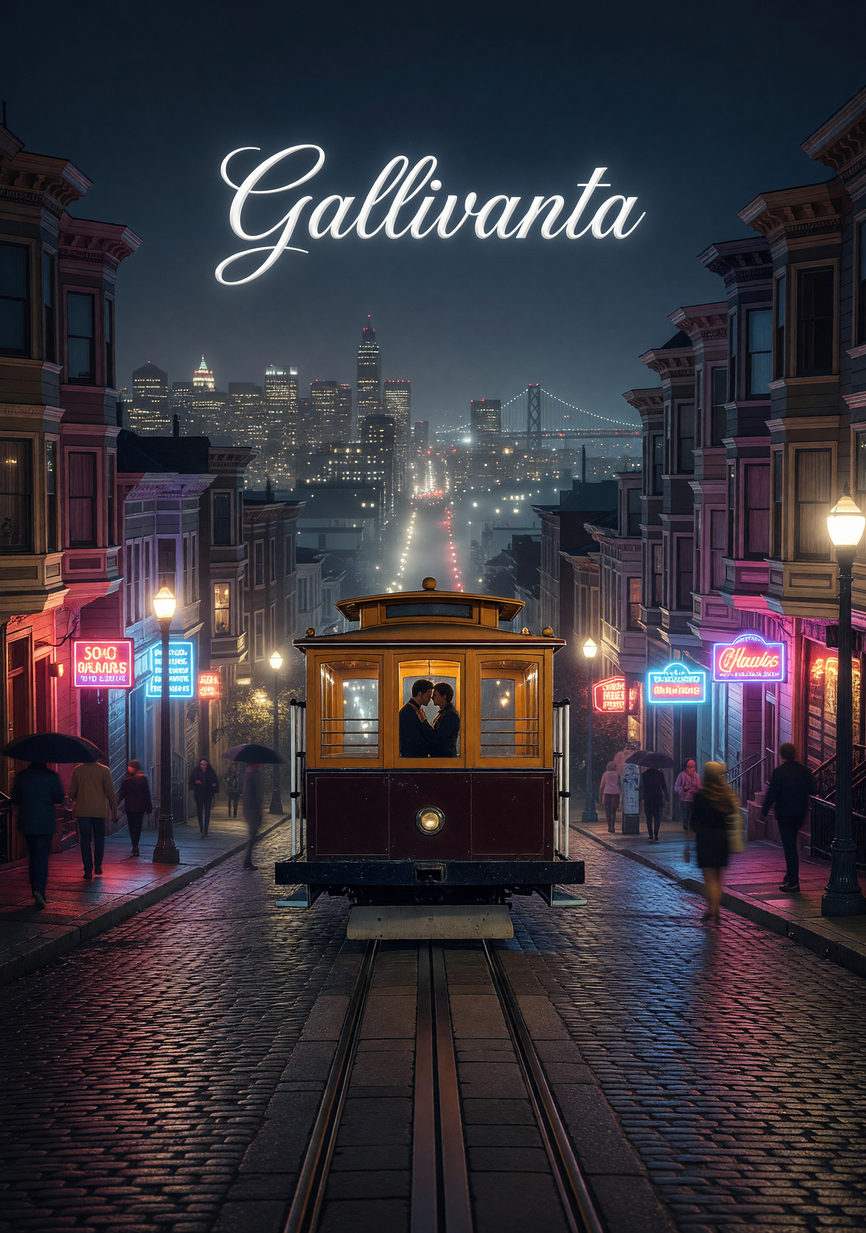 Romantic cable car and steep San Francisco street nightlife scene