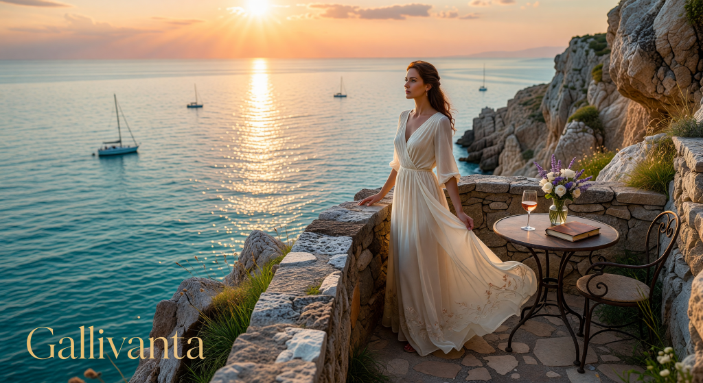 Joyful solo female traveler at scenic cliffside overlook during sunset
