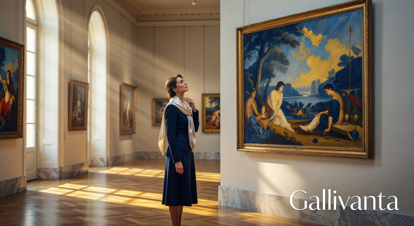 Woman enjoying art at museum with audio guide
