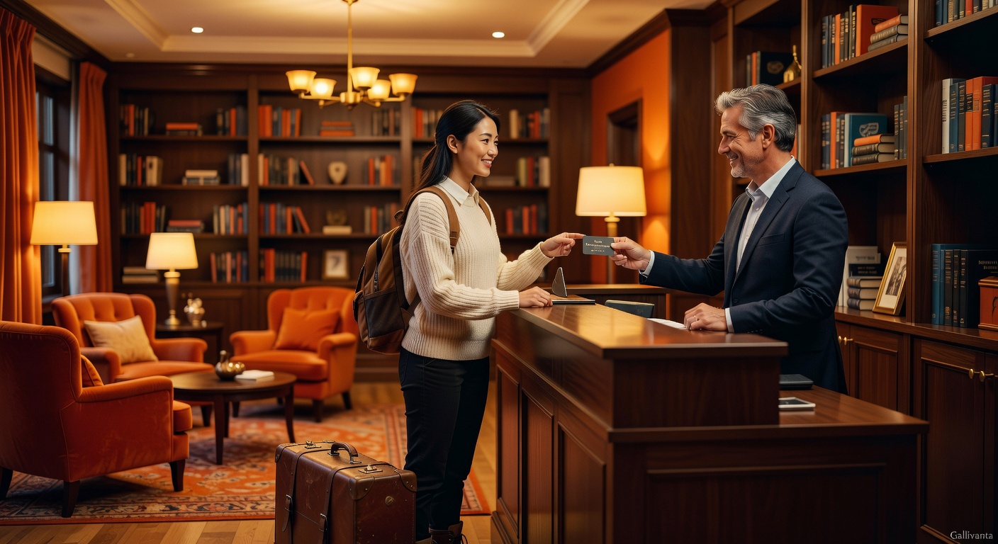 A solo female traveler checking into a safe, well-lit boutique hotel
