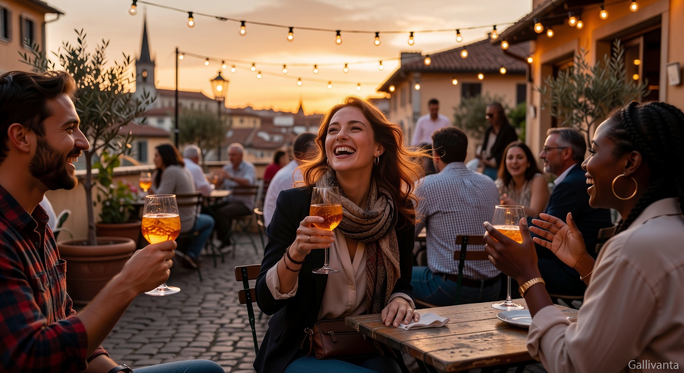 A group of travelers socializing at a well-lit rooftop bar