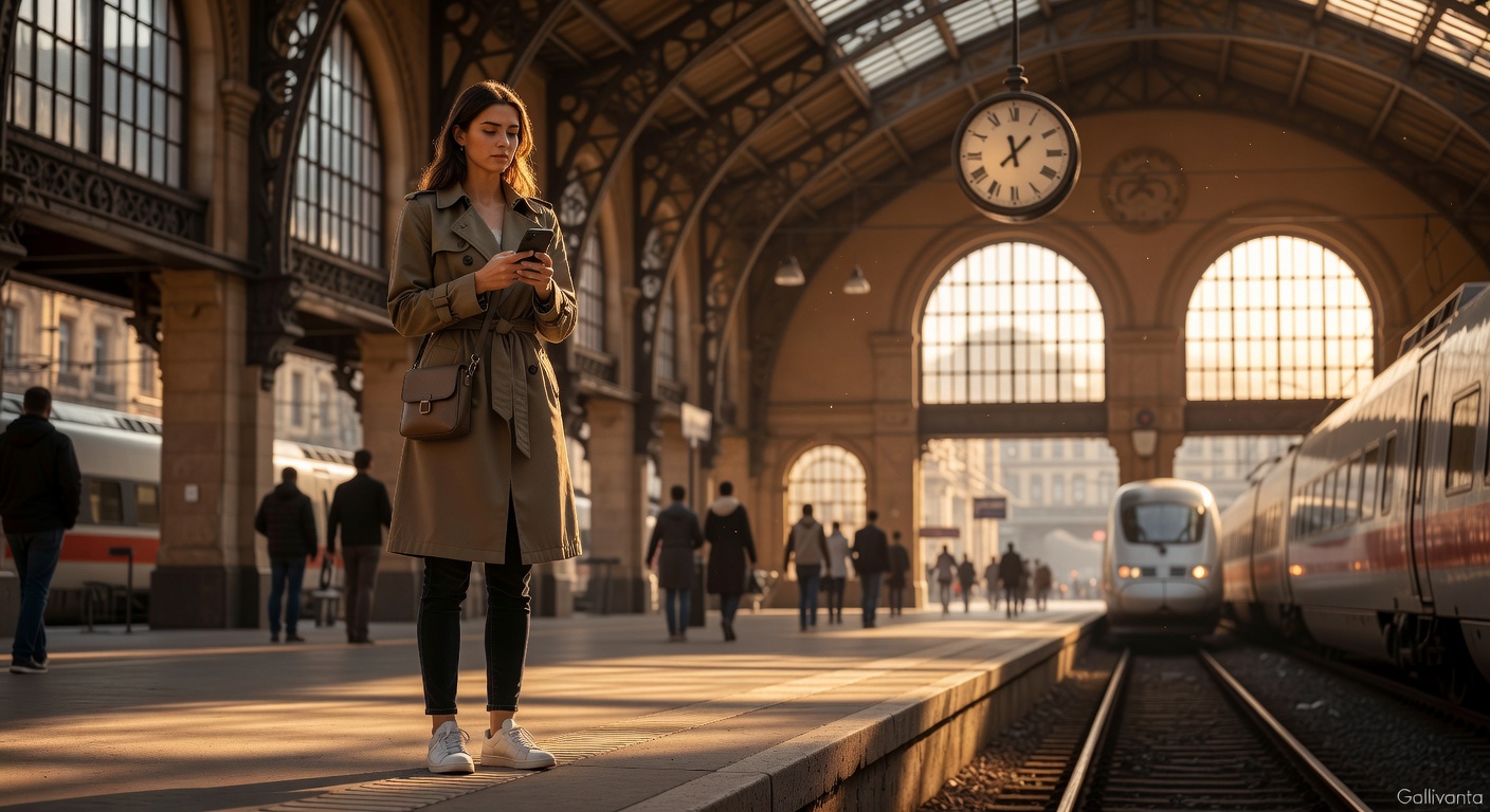 A woman confidently navigating a train station while checking her phone