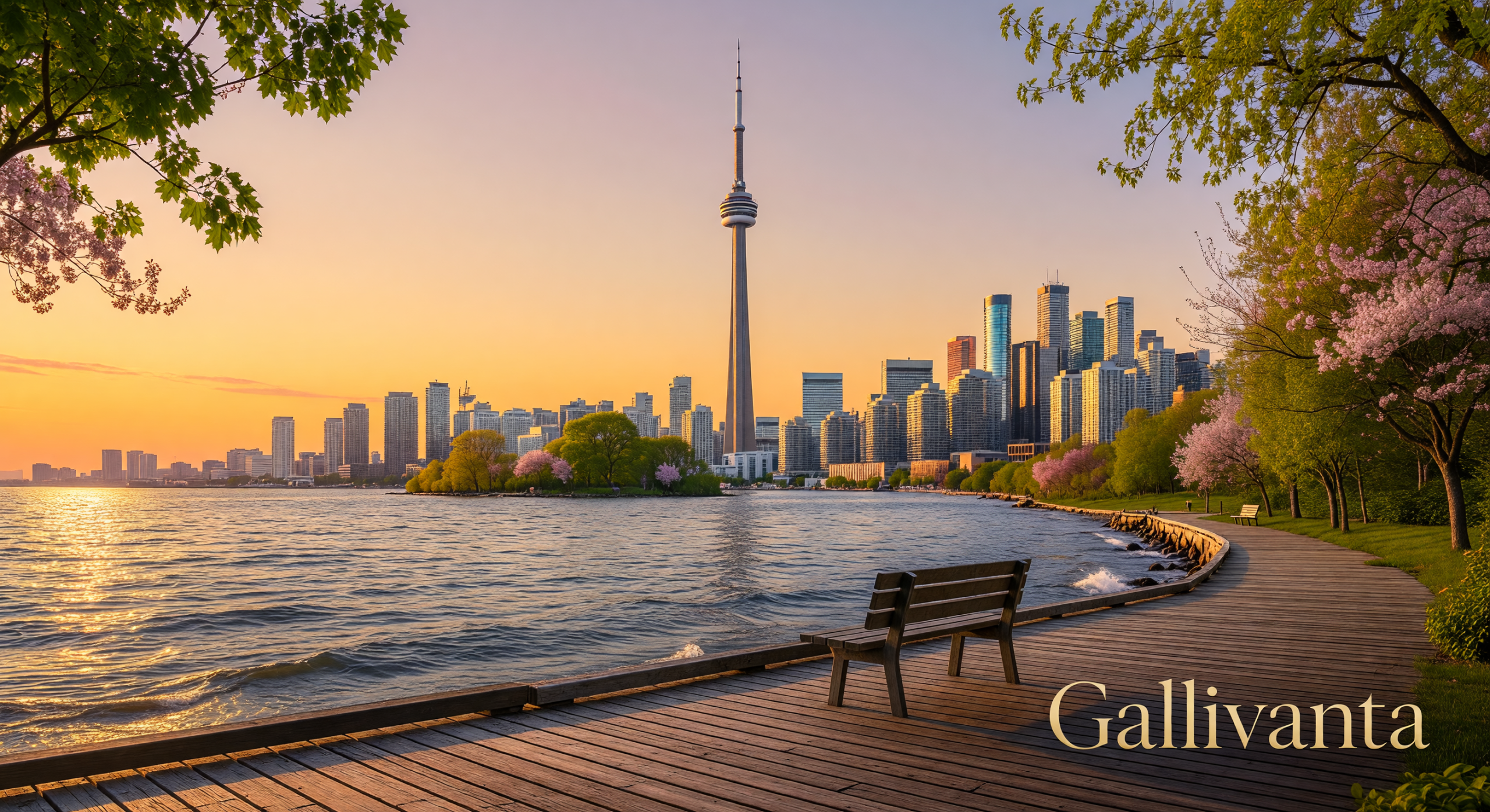 Toronto skyline and CN Tower at golden hour from the waterfront with Gallivanta text overlay
