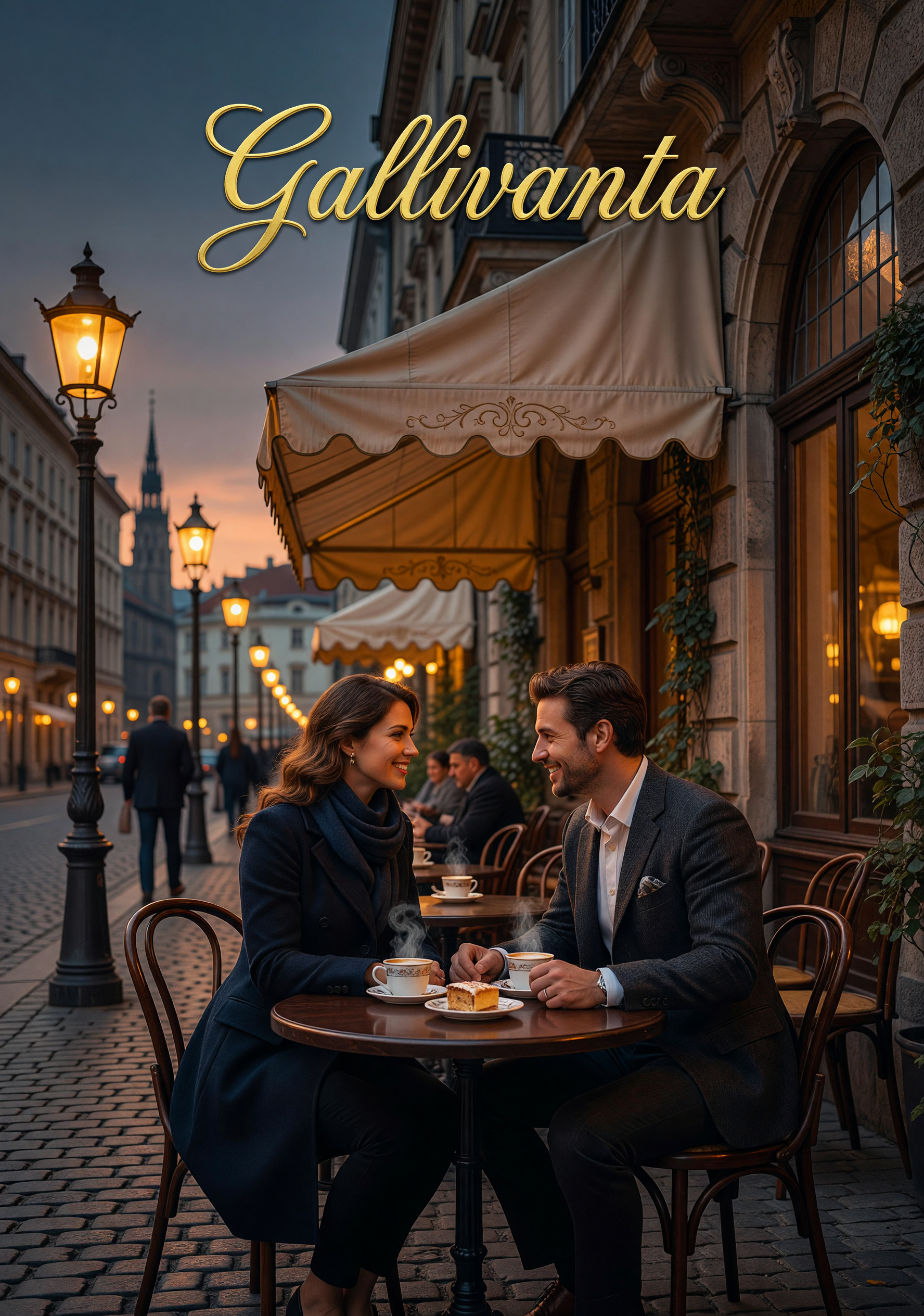 Vienna cafe terrace romantic evening scene with elegant old-world charm