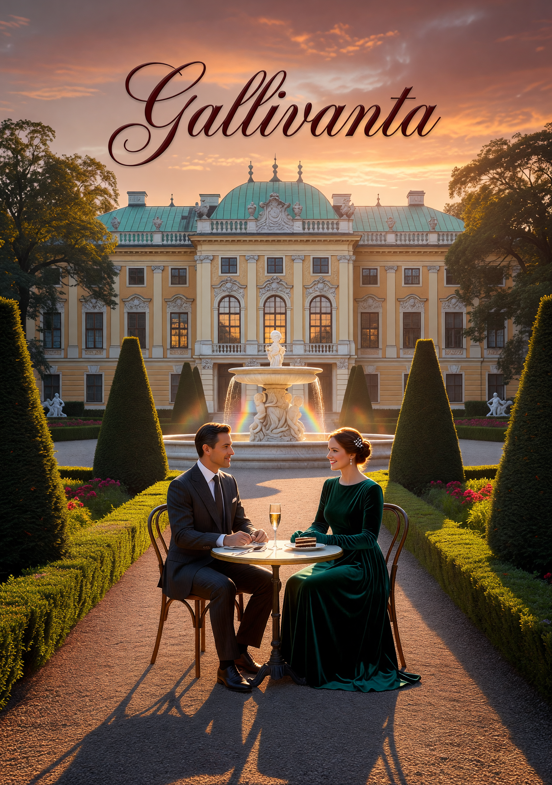Vienna palace garden sunset date scene with sophisticated romantic mood
