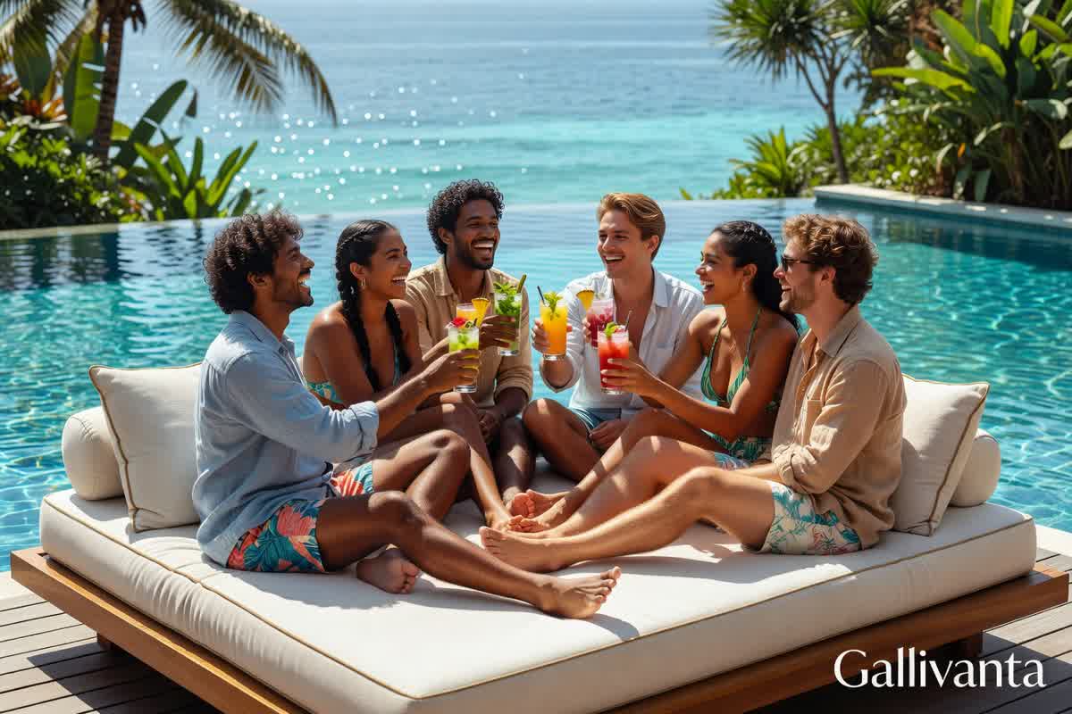 Solo travelers meeting at Finns Beach Club daybed with ocean views