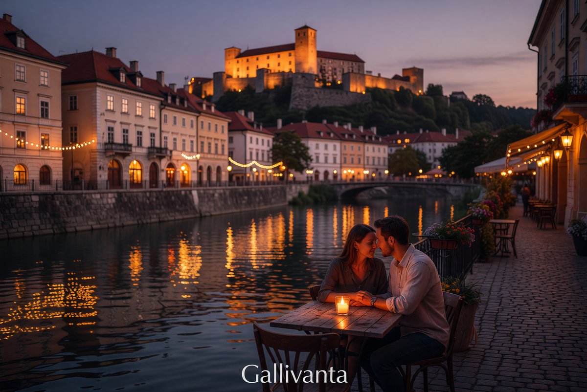 Solo travel dating scene at romantic riverside in Ljubljana with castle views at night