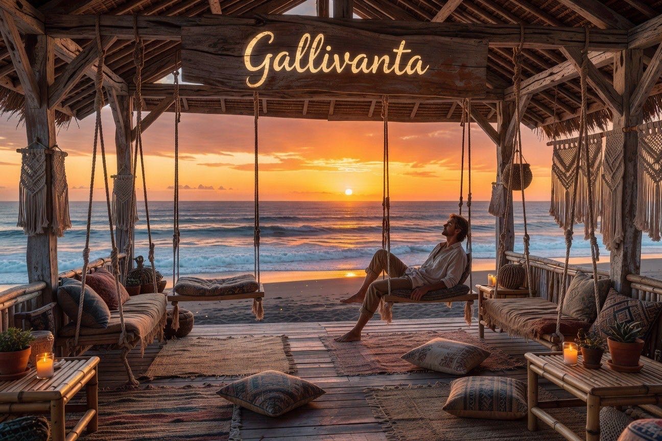 Bohemian sunset view at La Brisa beach club with rustic wooden swings