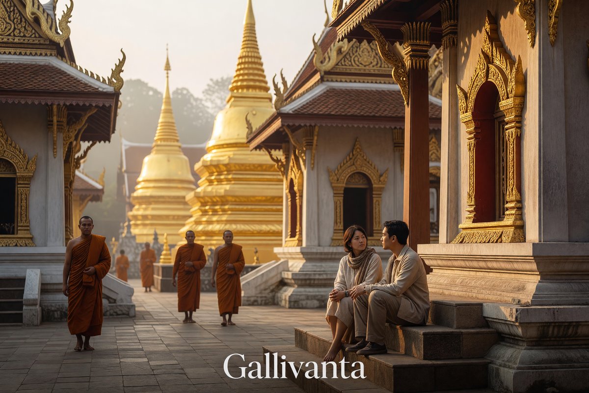 Solo travel dating meetup at golden temple in Chiang Mai during sunrise