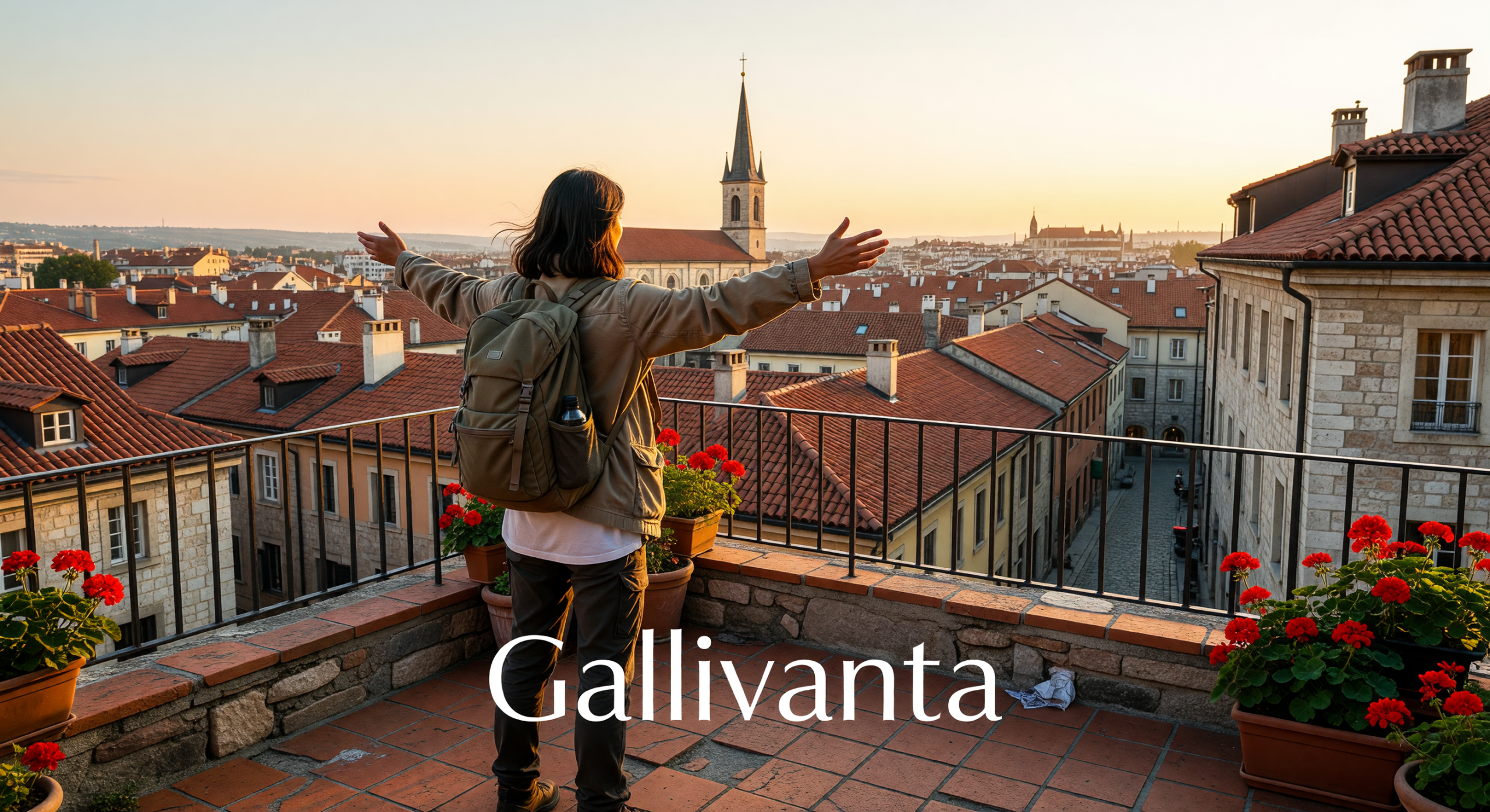 Solo traveler overlooking a European city skyline at golden hour