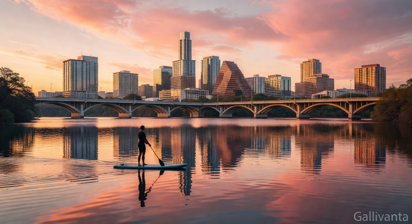 Austin skyline at golden hour reflected in Lady Bird Lake with Gallivanta branding.