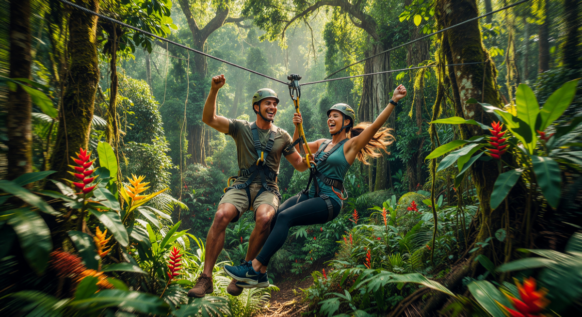 Adventure couple zip-lining through Costa Rica rainforest