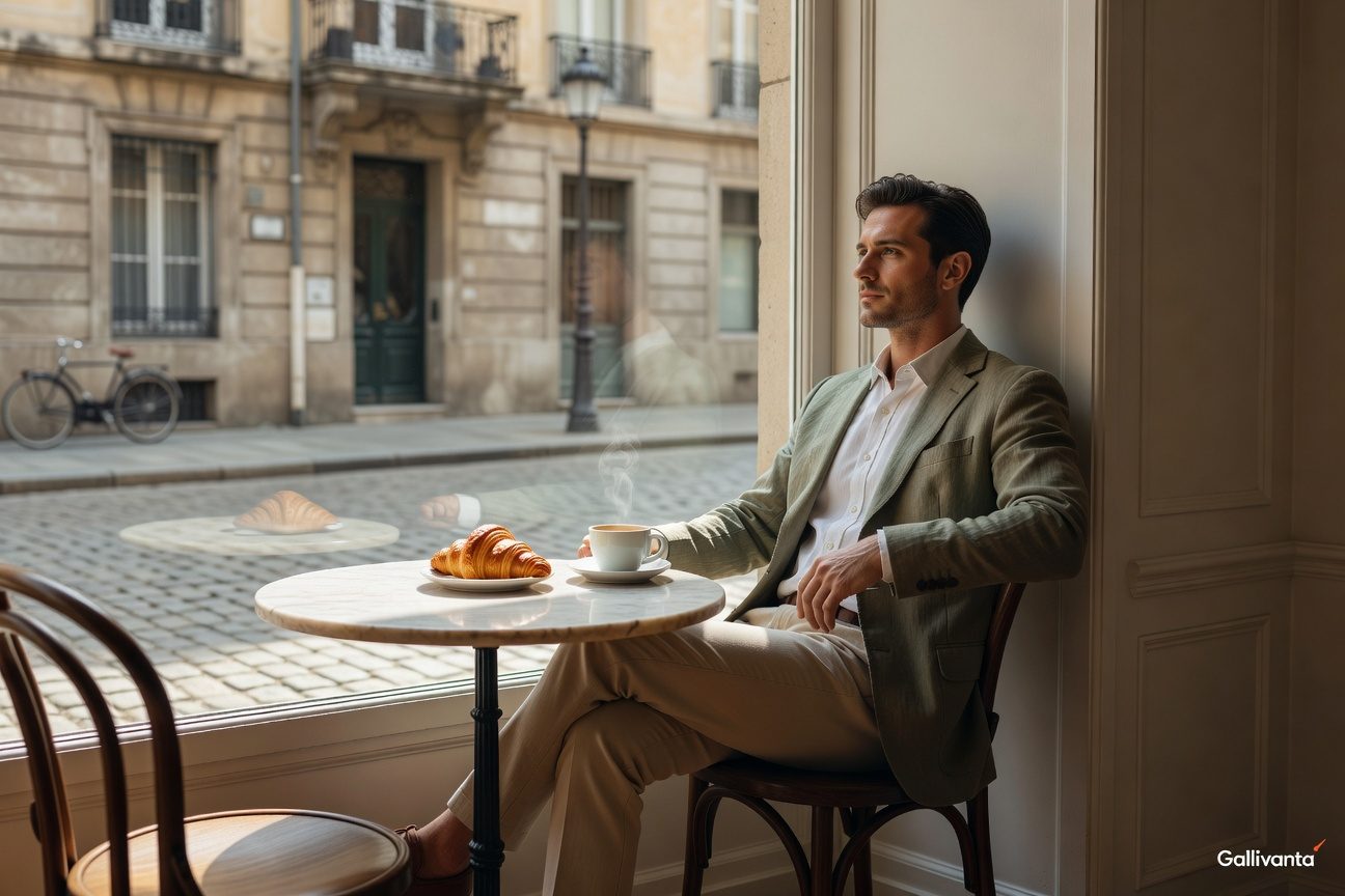 Solo traveler enjoying pastry and espresso at a stylish European café with subtle Gallivanta branding