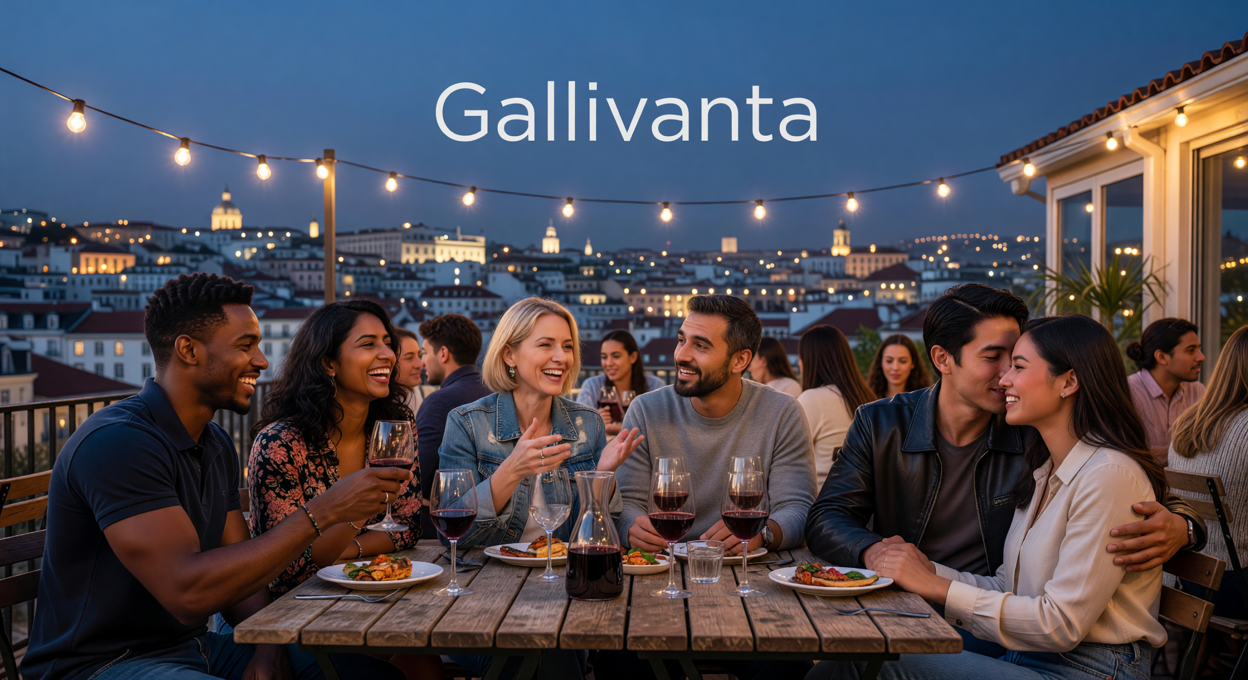 Travelers sharing drinks and stories at a European rooftop bar