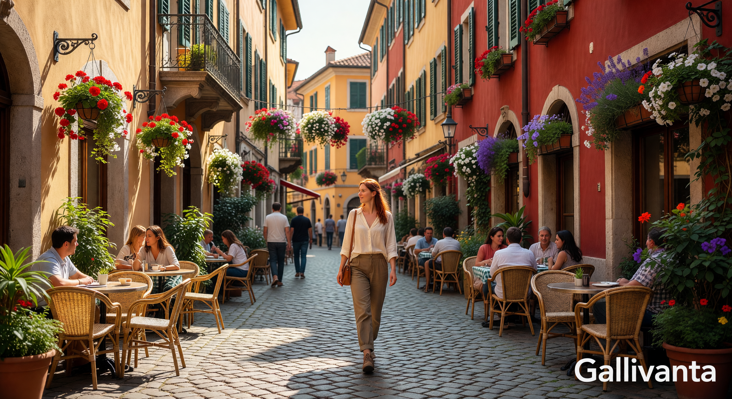 Solo traveler strolling a vibrant European cobblestone street