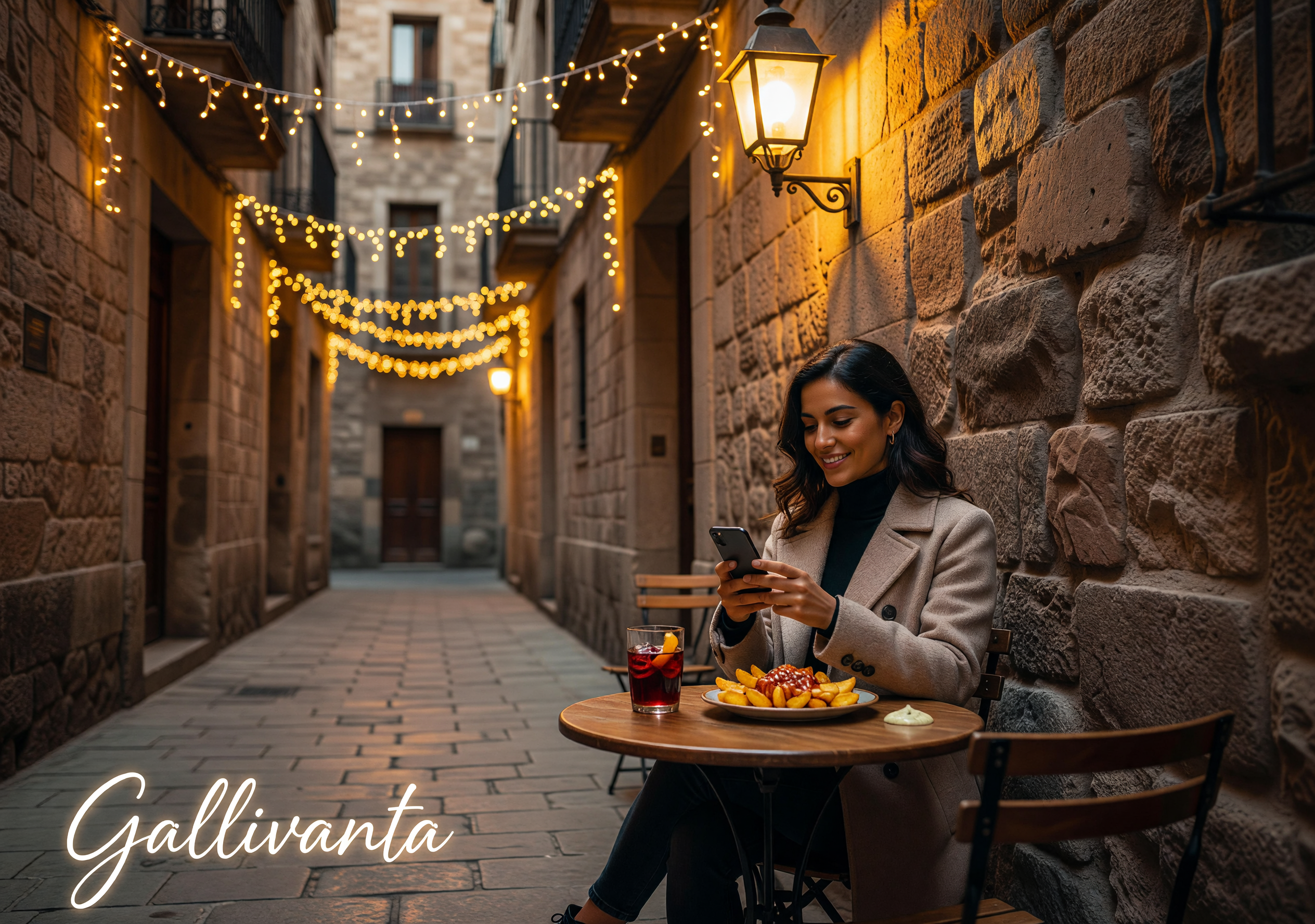 Solo woman enjoying tapas in Barcelona Gothic Quarter at twilight with string lights