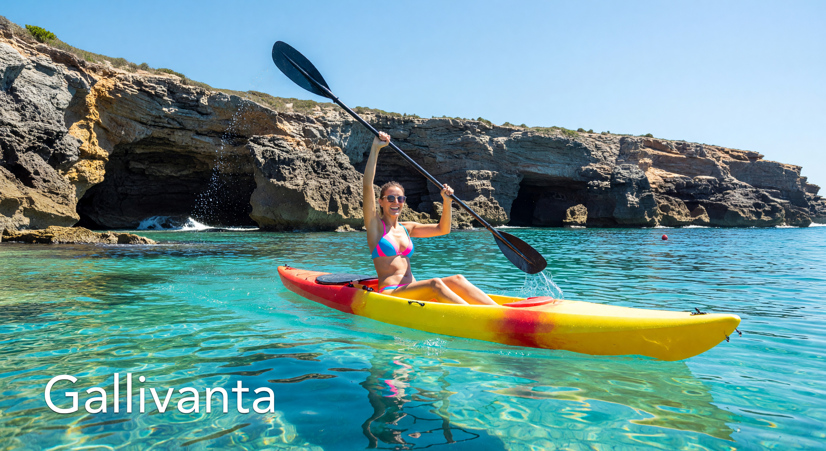 Solo woman kayaking in turquoise Mediterranean waters off Barcelona