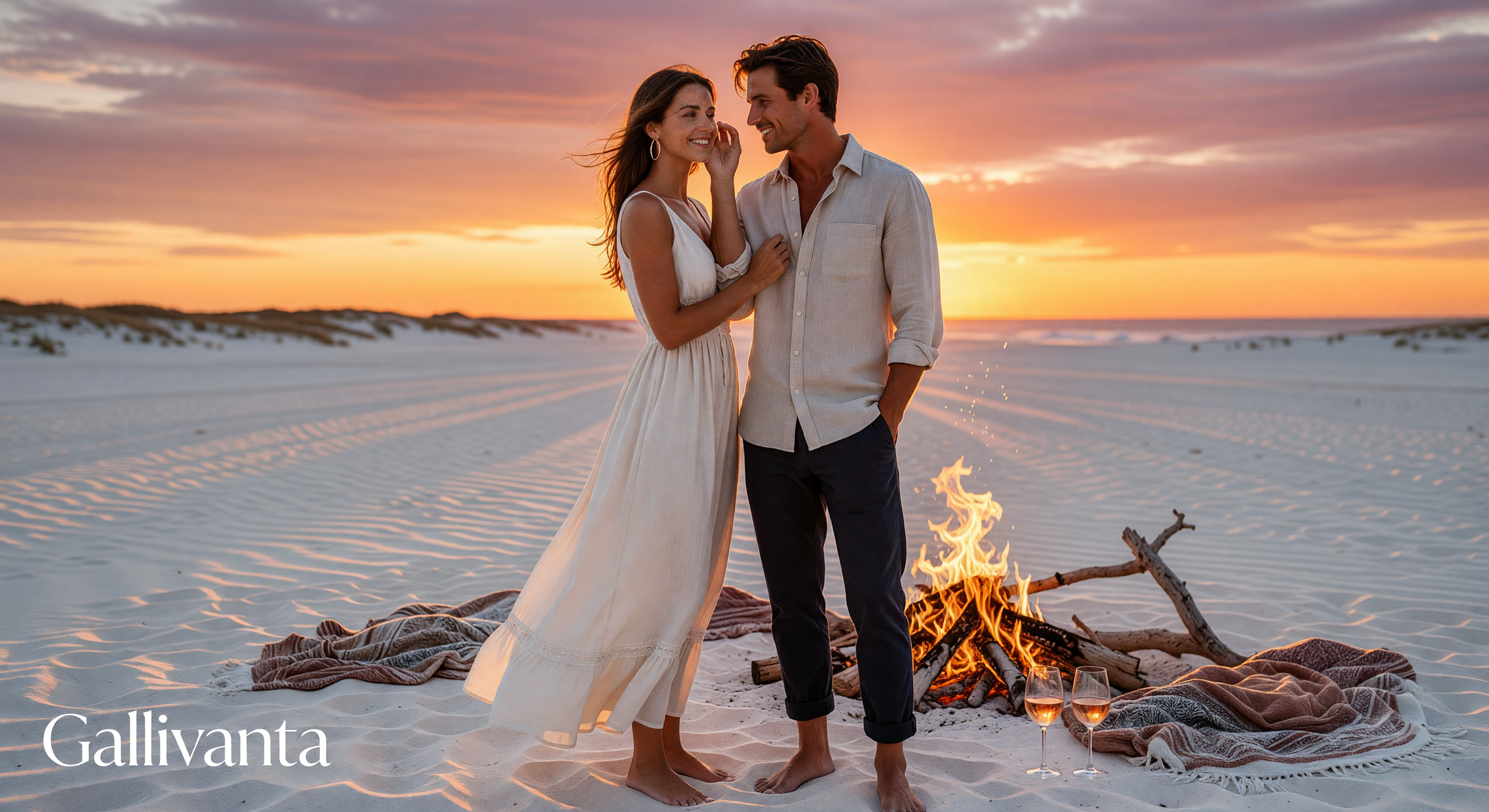 Elegant travel dating meetup on a beach at sunset with Gallivanta overlay