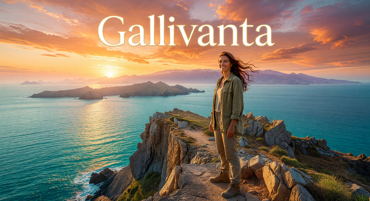 Solo female traveler on dramatic cliff overlooking ocean at golden hour sunset