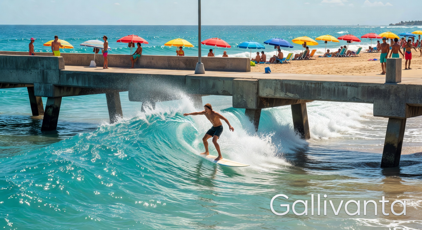 Surfer near the pier at Crash Boat Beach in Puerto Rico with Gallivanta branding.