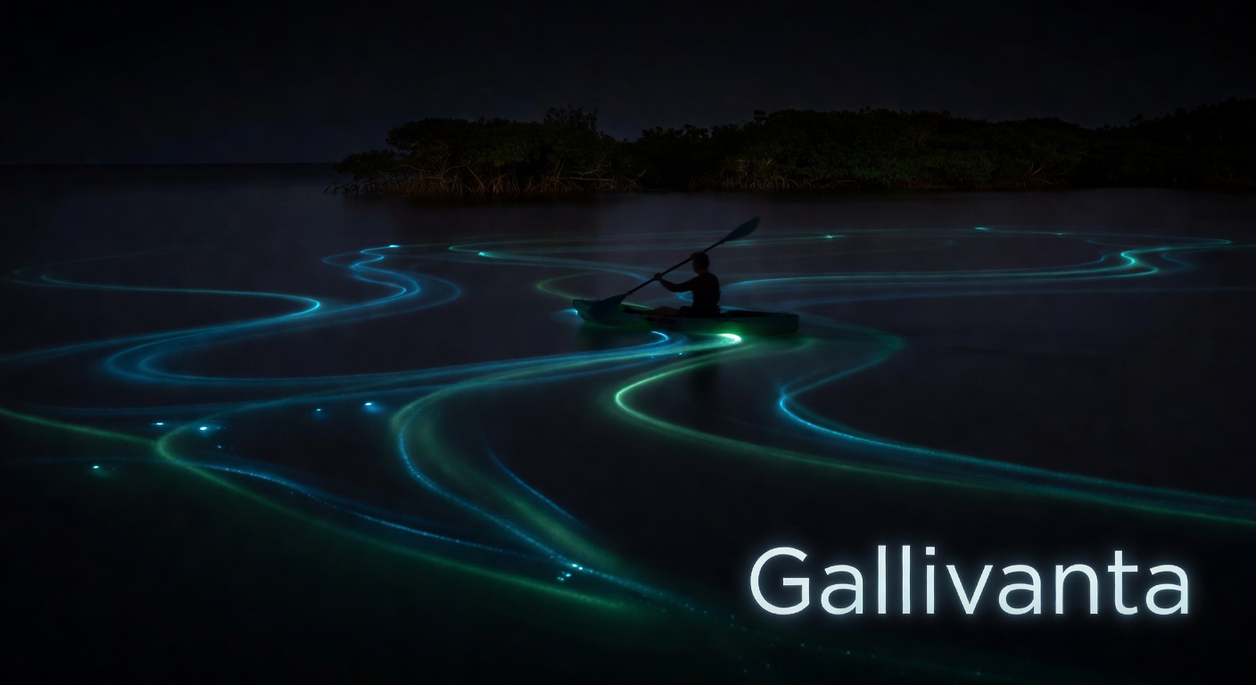 Bioluminescent glow in Mosquito Bay, Vieques, with Gallivanta branding.