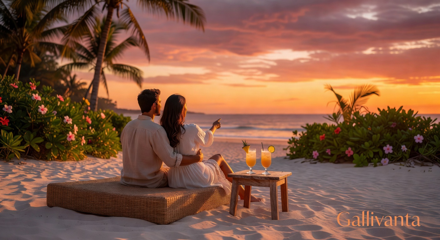 Two travelers watching a Bali sunset on the beach with Gallivanta branding.