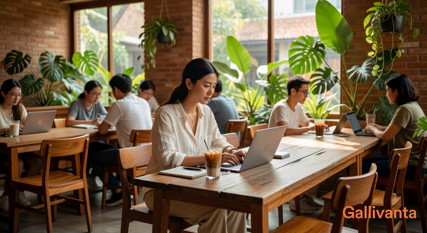 Solo female digital nomad working in a stylish Chiang Mai cafe with Gallivanta branding.