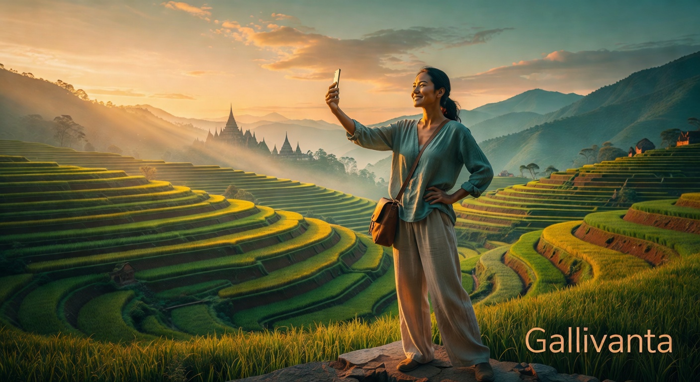 Solo female traveler overlooking Asian cityscape at sunset with Gallivanta branding