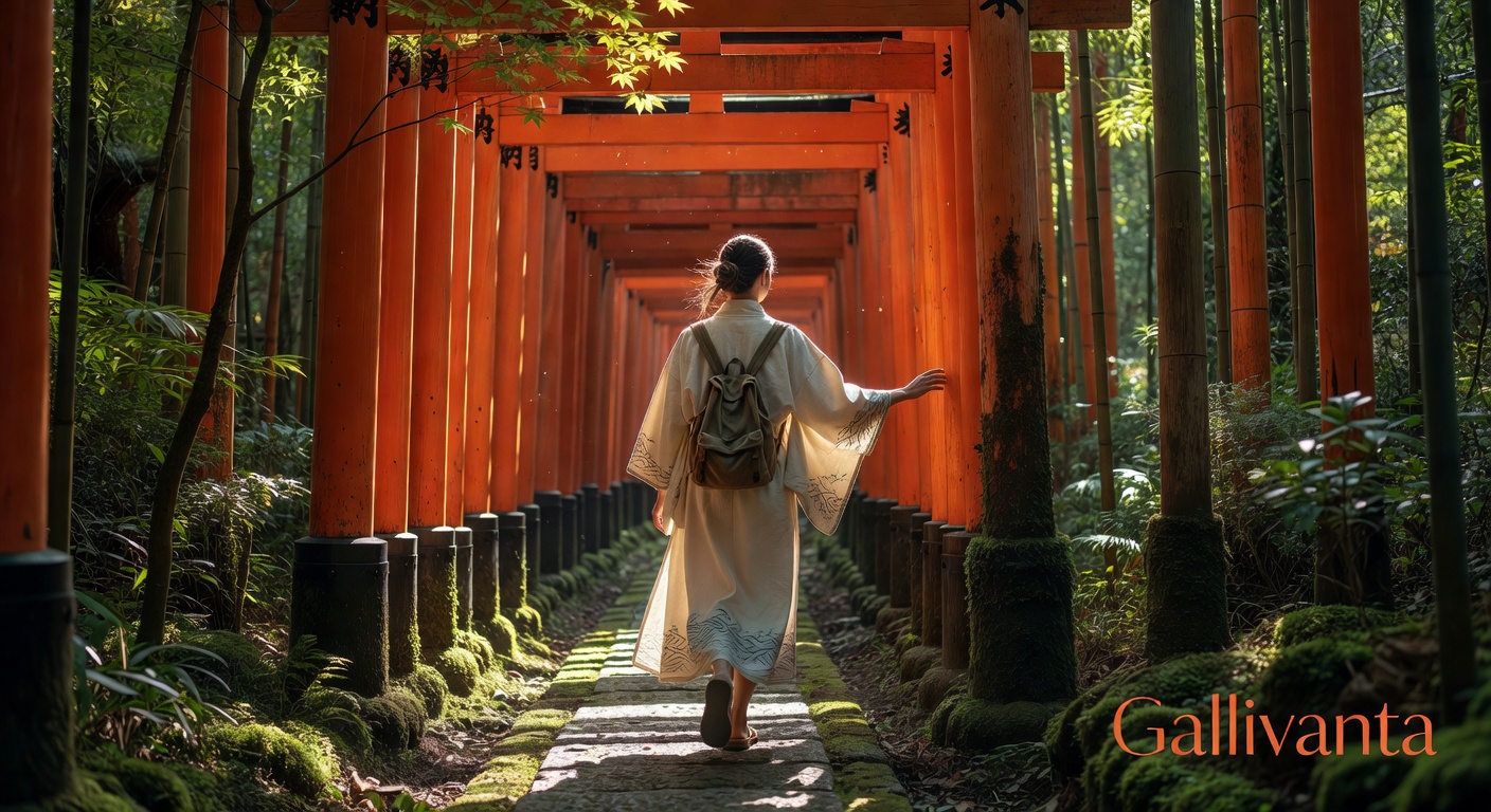 Solo female traveler walking through Kyoto torii gates with subtle Gallivanta branding.
