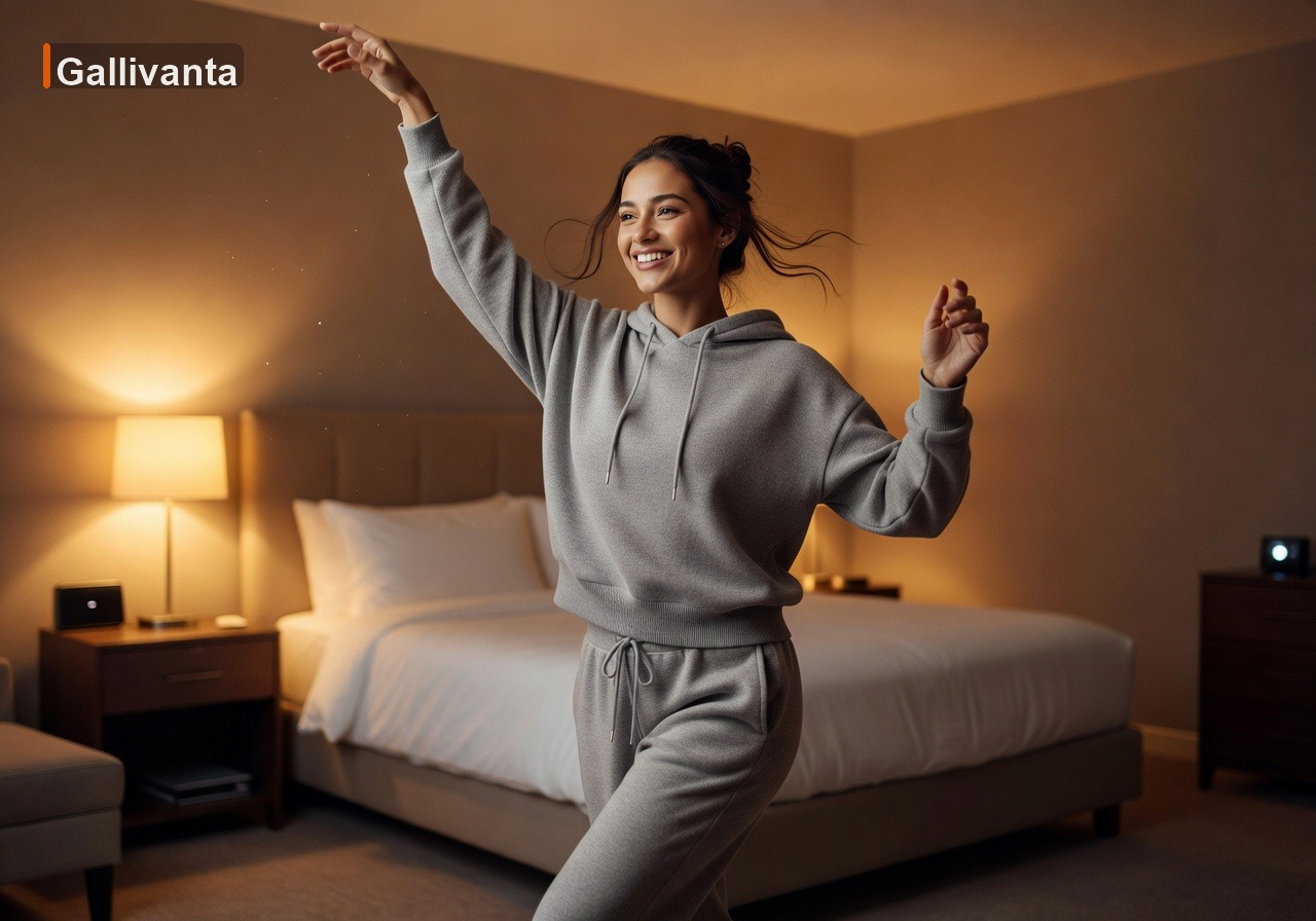 7 Solo Date Night Ideas for Travelers in Hotel Rooms 3 Woman dancing joyfully alone in her hotel room during a solo date night
